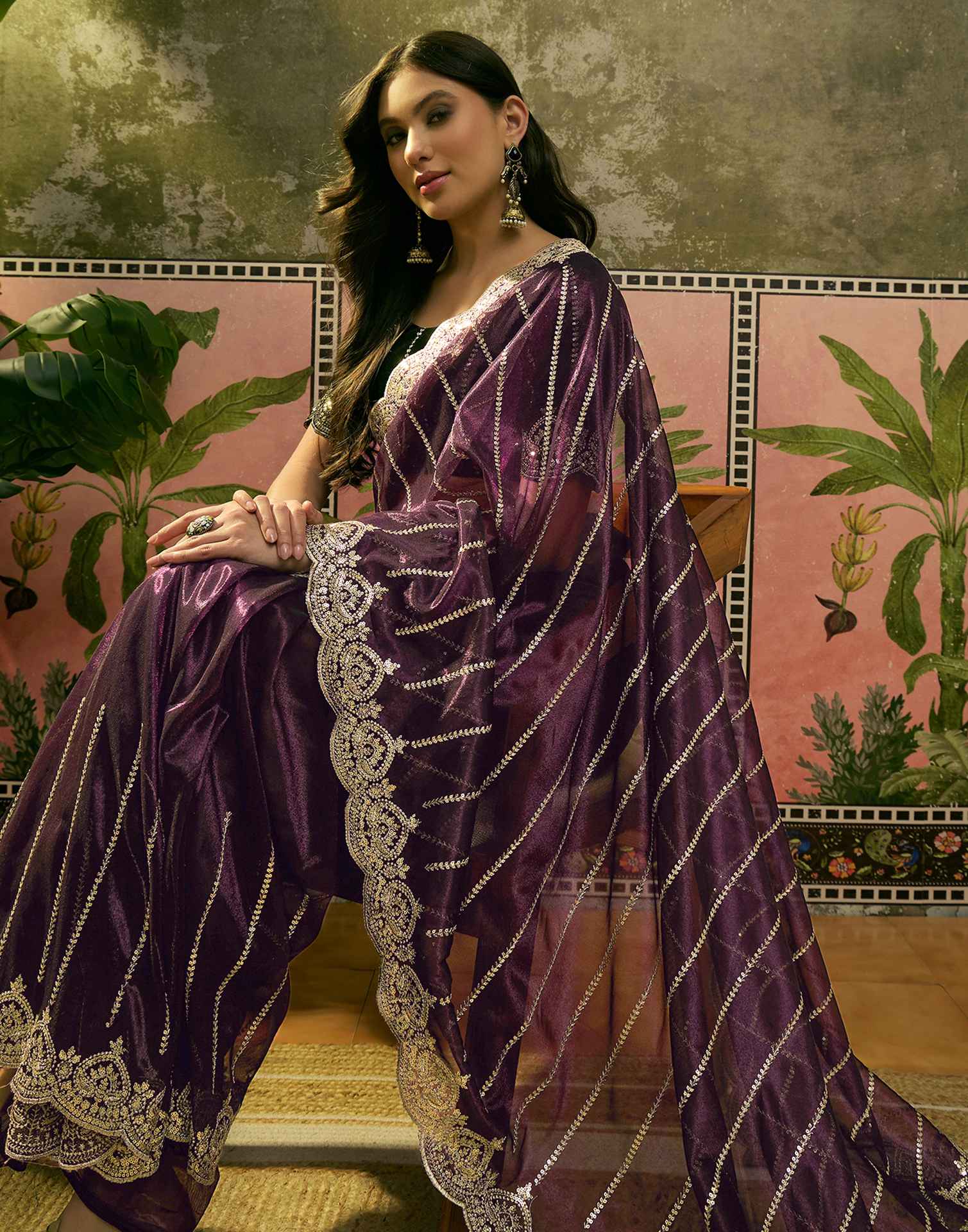 Wine Net Sequence Embroidery Saree