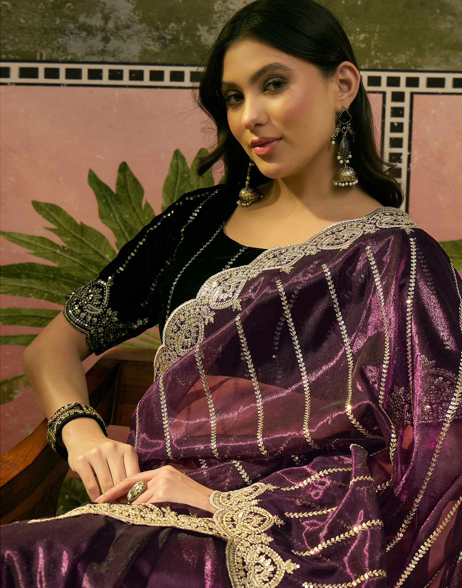 Wine Net Sequence Embroidery Saree