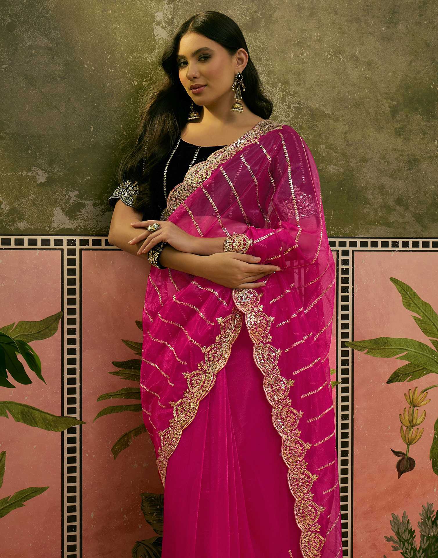 Pink Net Sequence Embroidery Saree