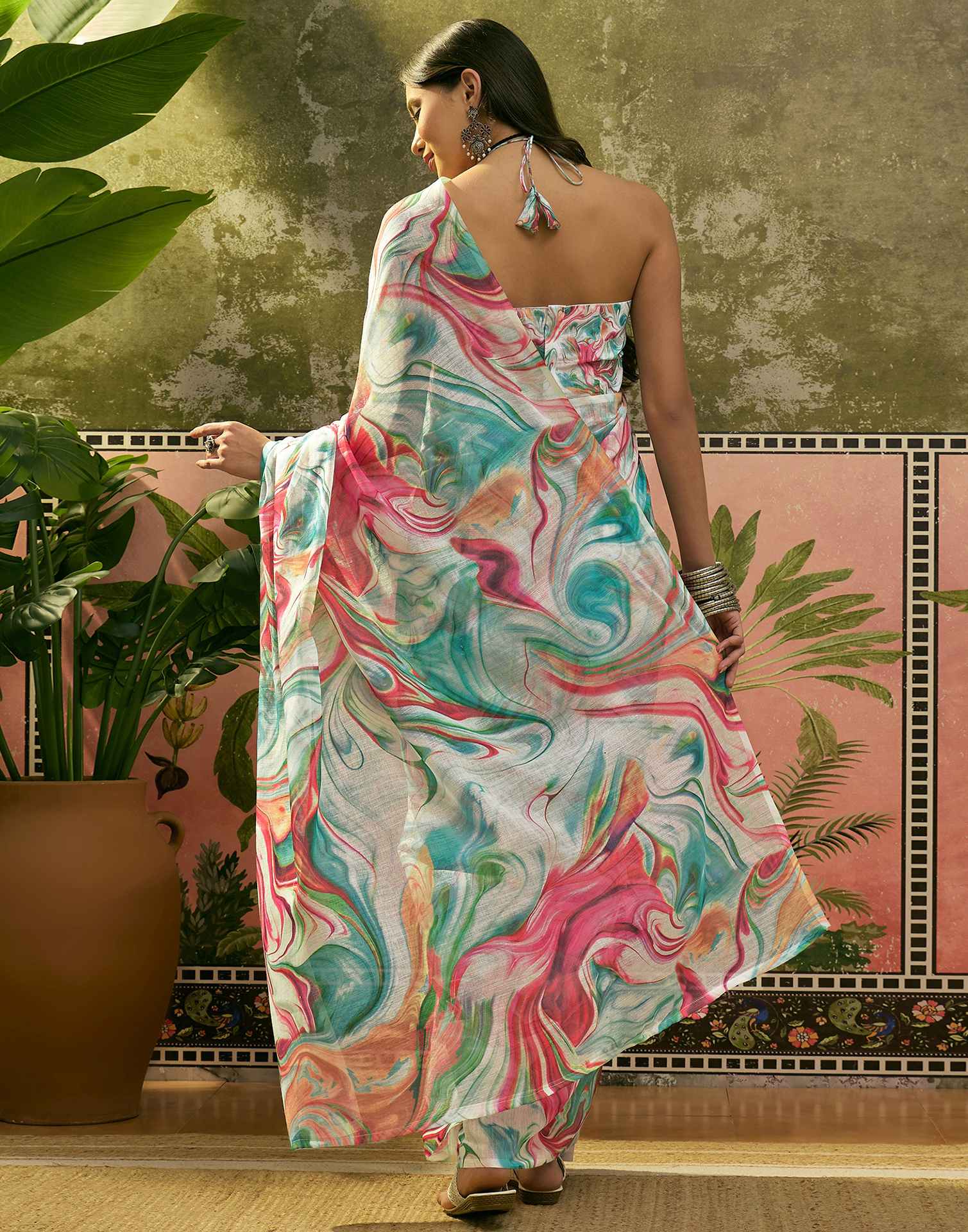 Multicoloured Linen Printed Saree