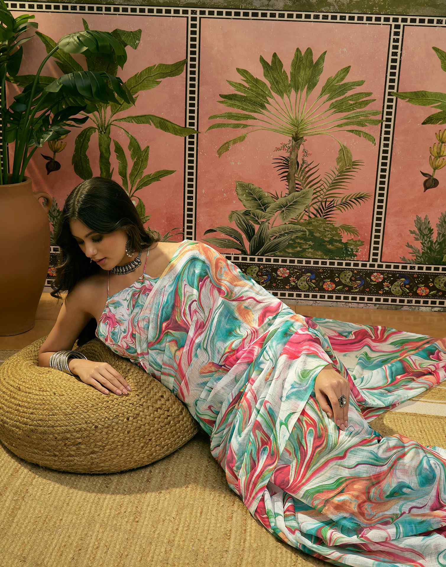 Multicoloured Linen Printed Saree