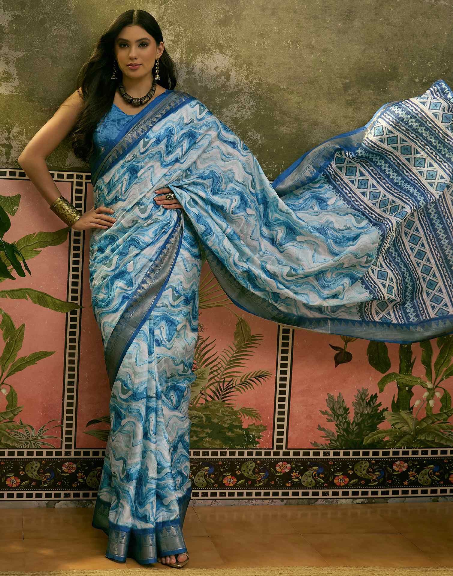 Sky Blue Silk Woven Printed Saree
