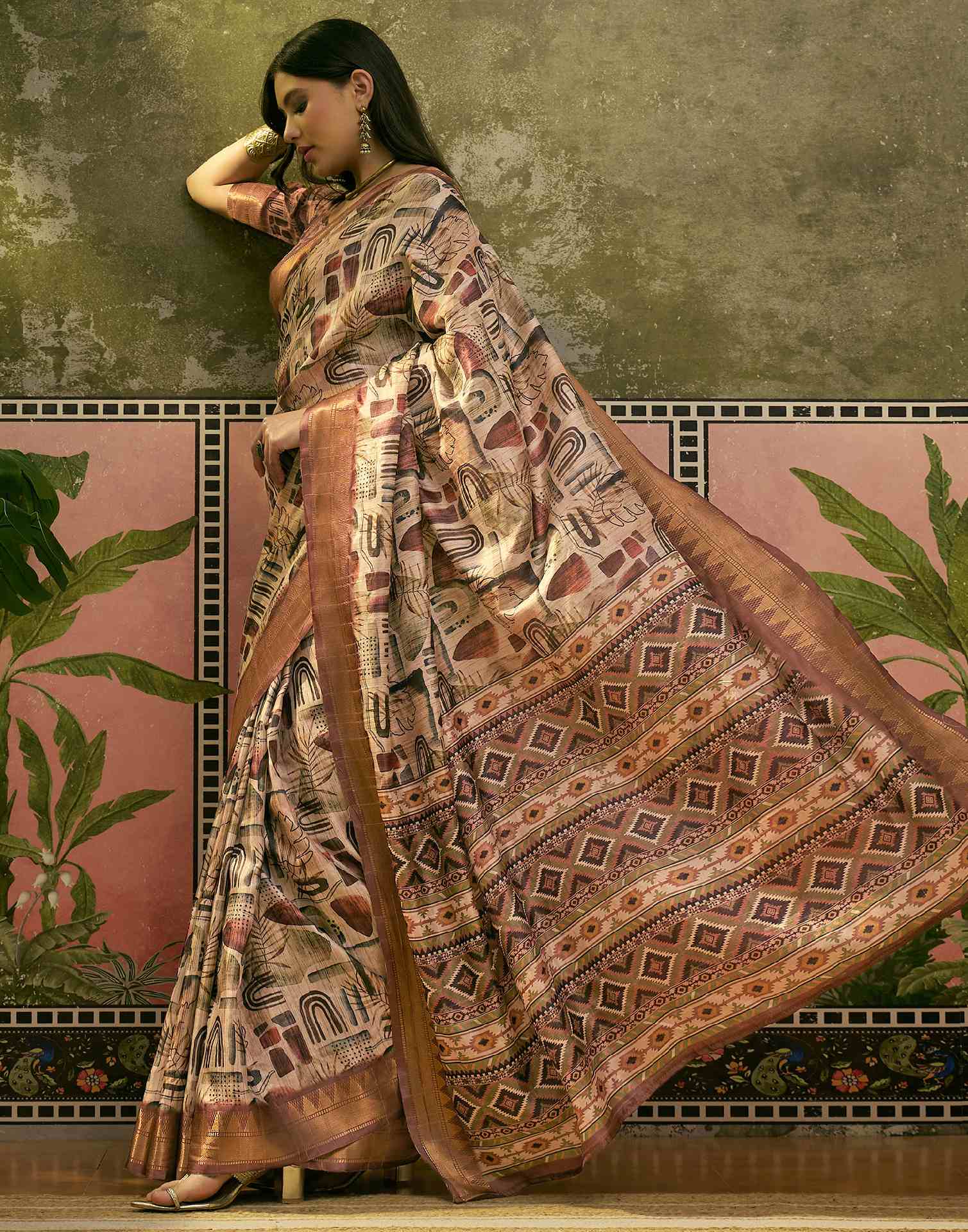 Beige Silk Woven Printed Saree
