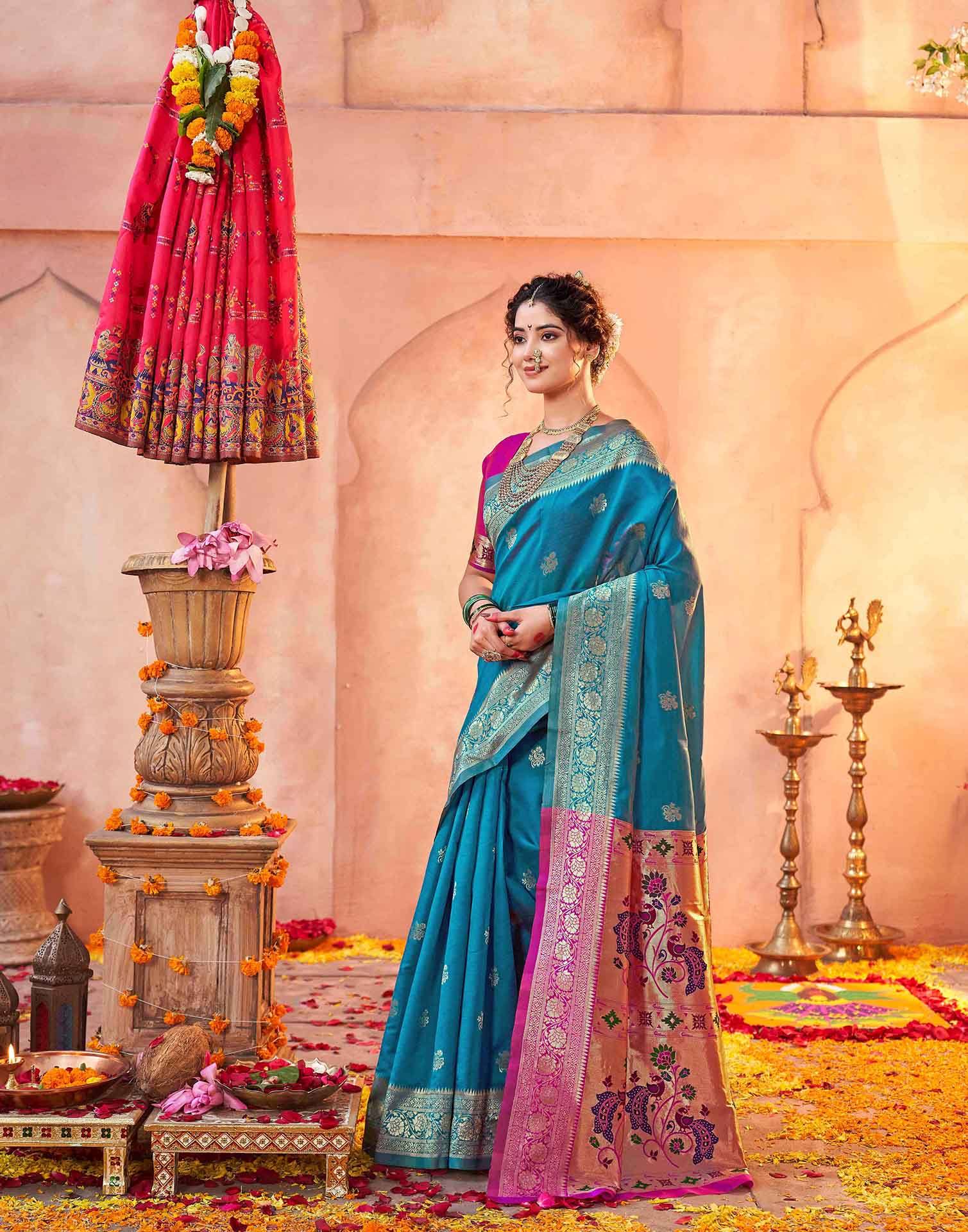 Teal Blue Silk Woven Paithani Saree