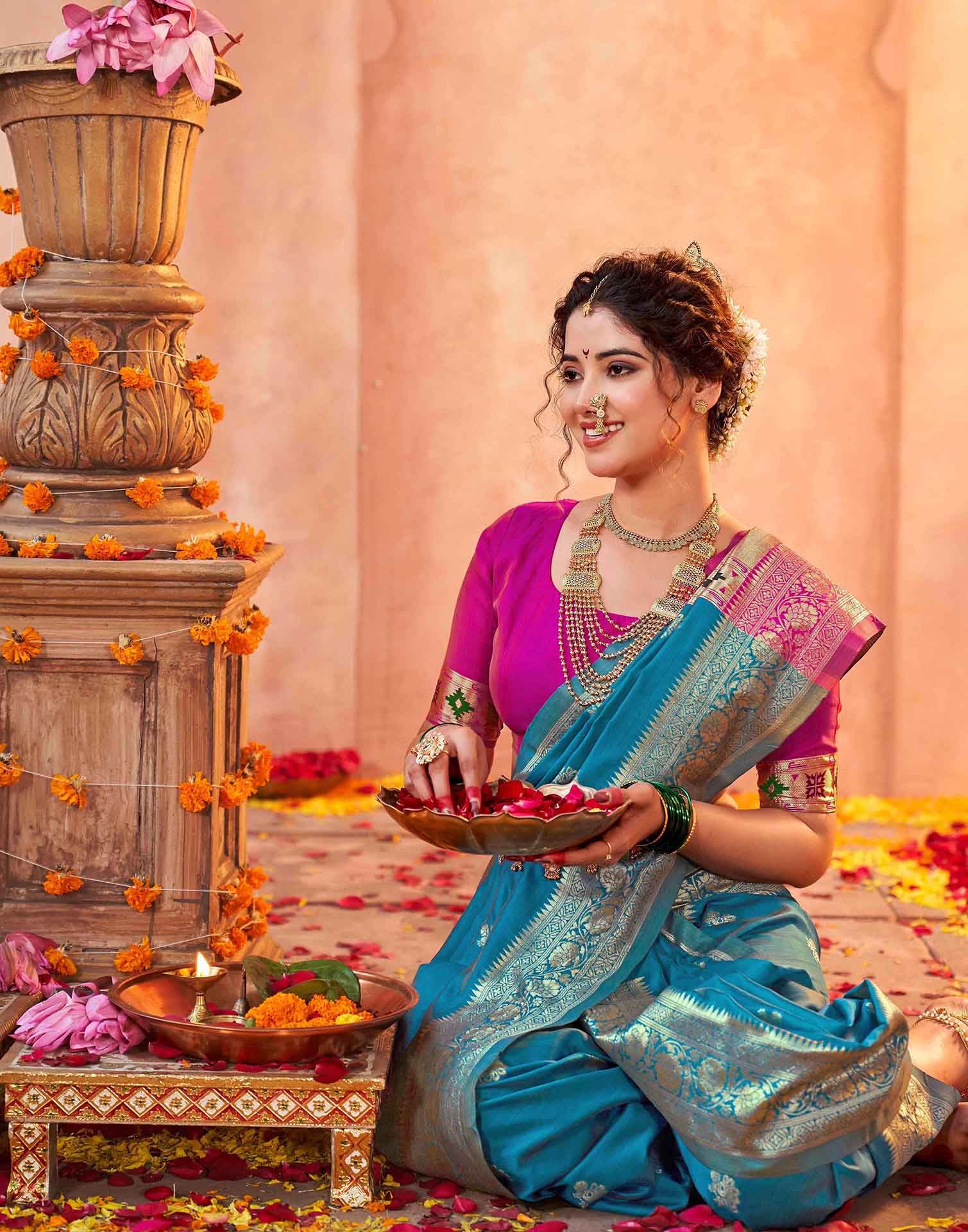 Teal Blue Silk Woven Paithani Saree