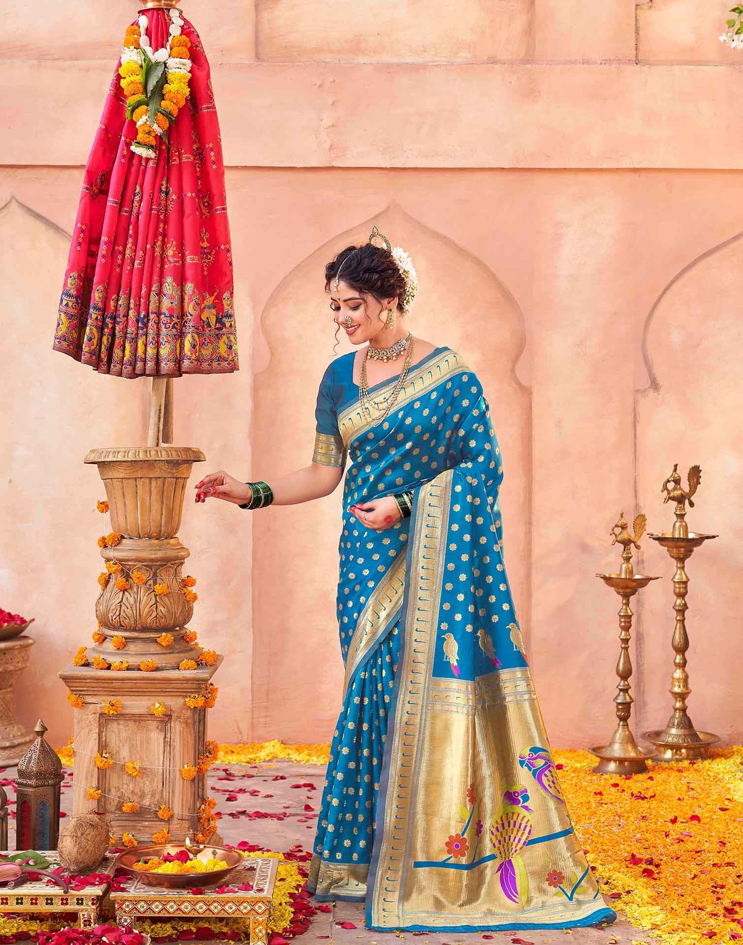 Teal Blue Silk Woven Paithani Saree