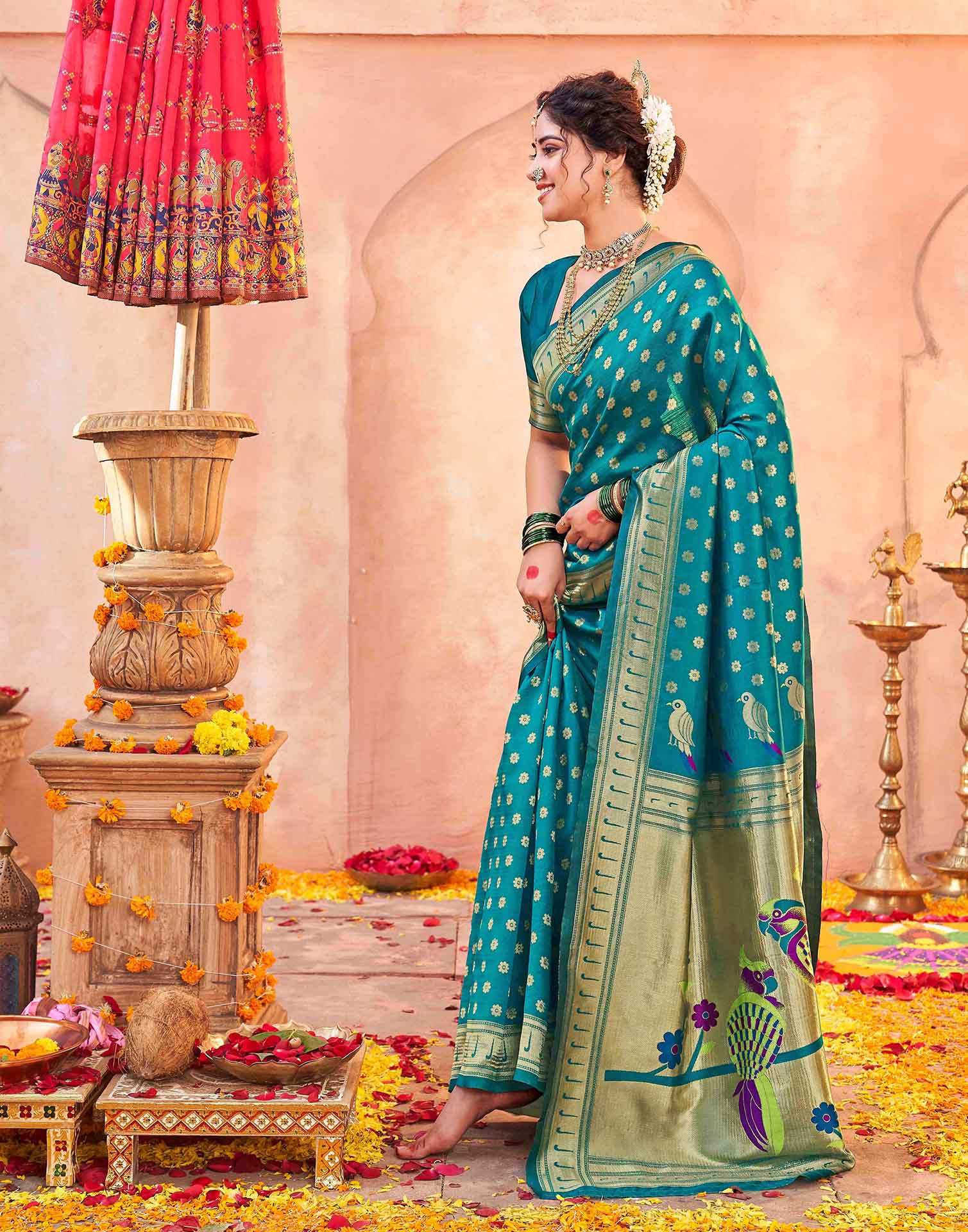 Teal Green Silk Woven Paithani Saree