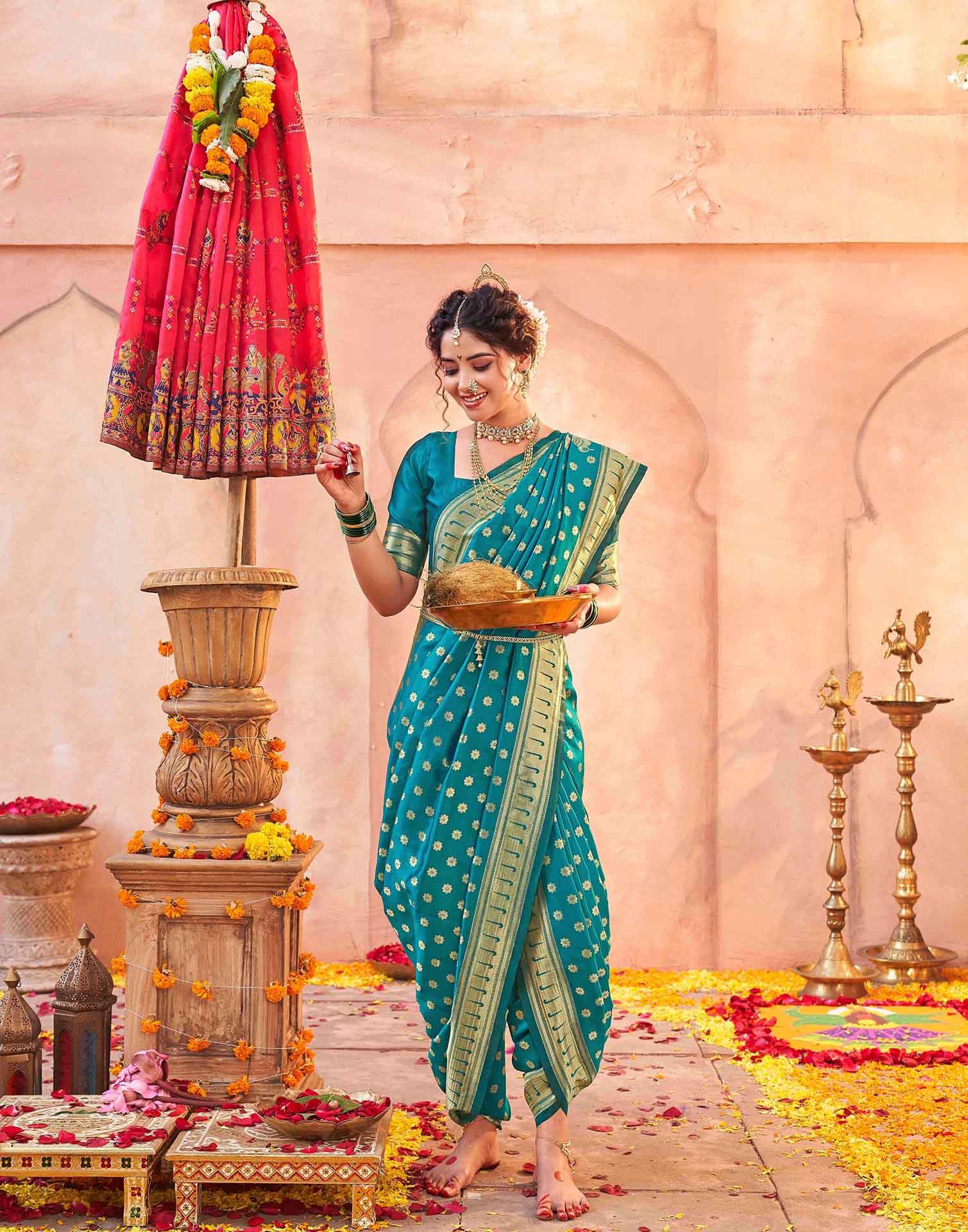 Teal Green Silk Woven Paithani Saree