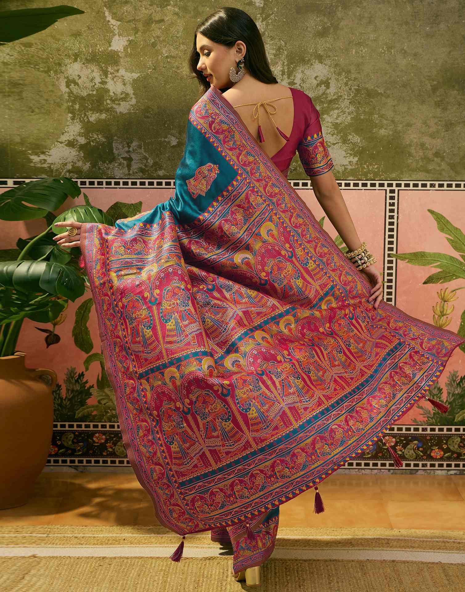 Teal Blue Silk Woven Kalamkari Saree