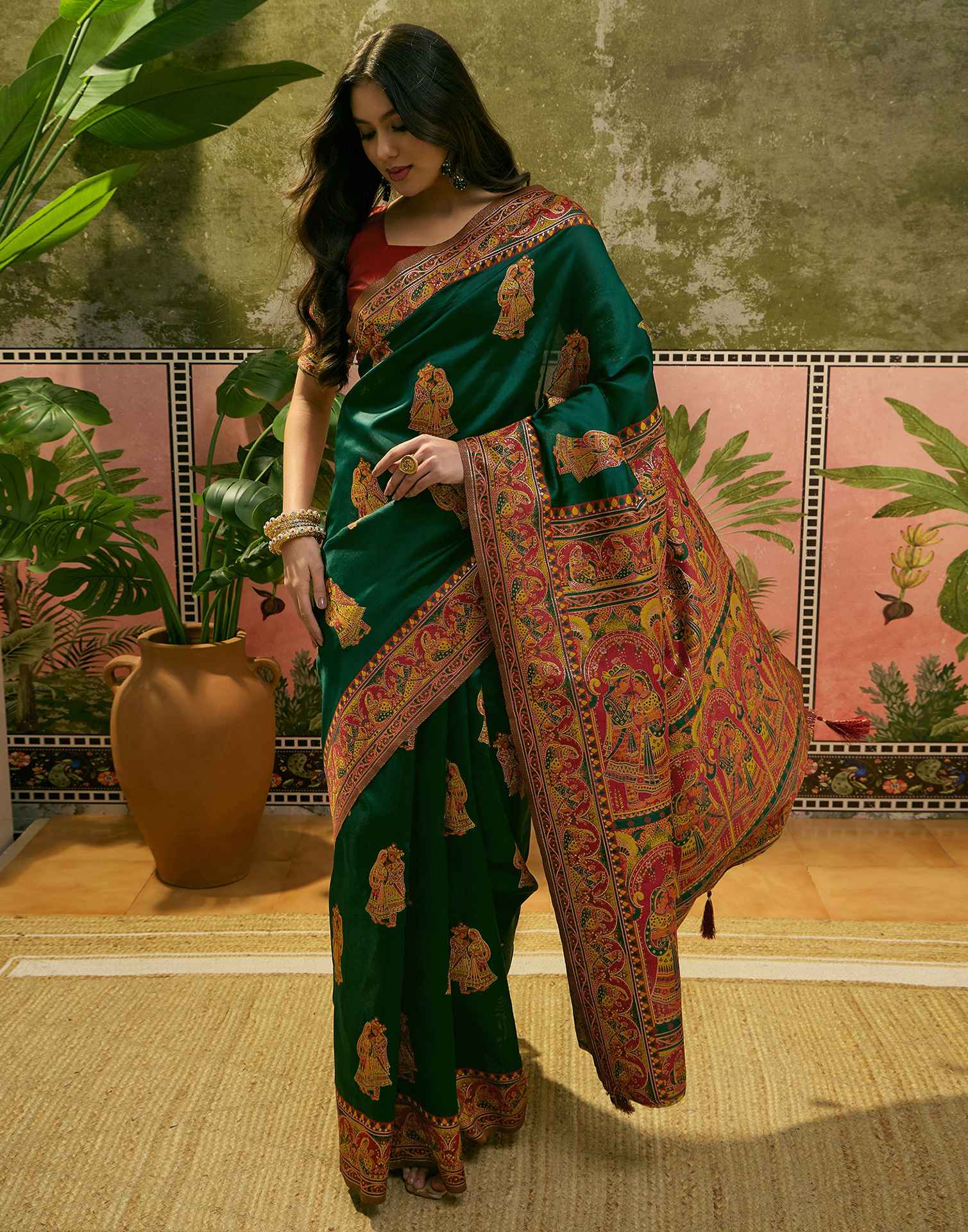 Dark Green Silk Woven Kalamkari Saree
