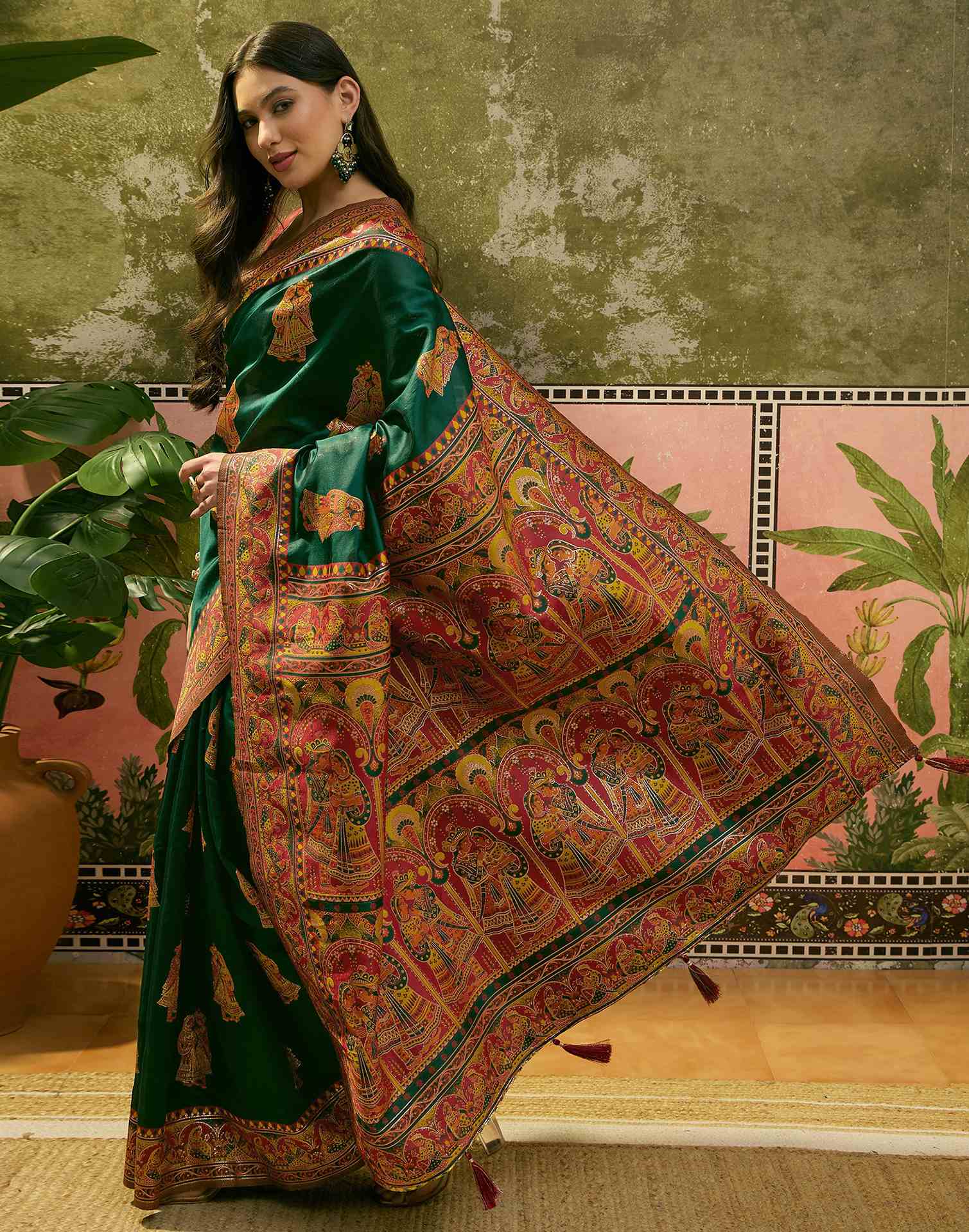 Dark Green Silk Woven Kalamkari Saree
