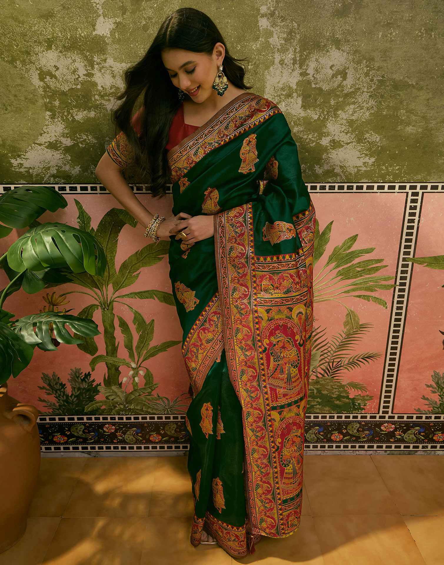 Dark Green Silk Woven Kalamkari Saree