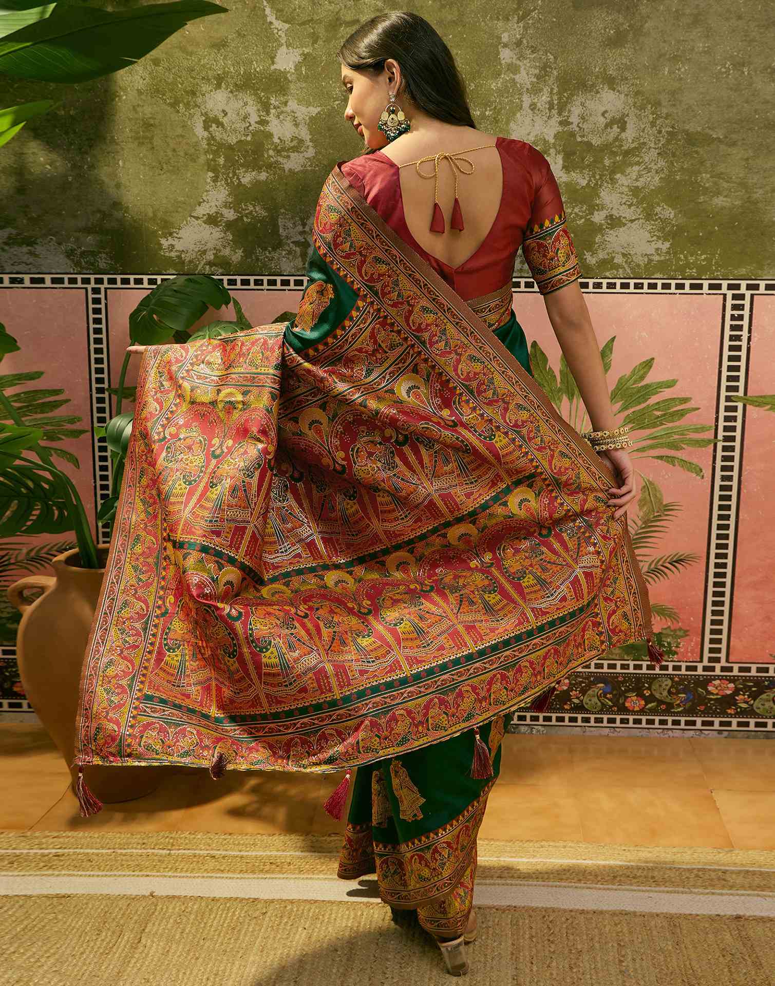 Dark Green Silk Woven Kalamkari Saree