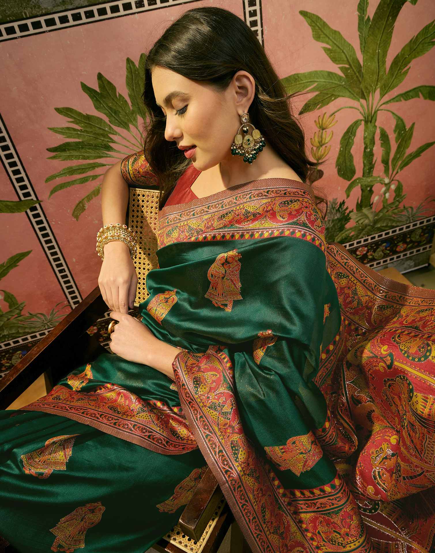 Dark Green Silk Woven Kalamkari Saree