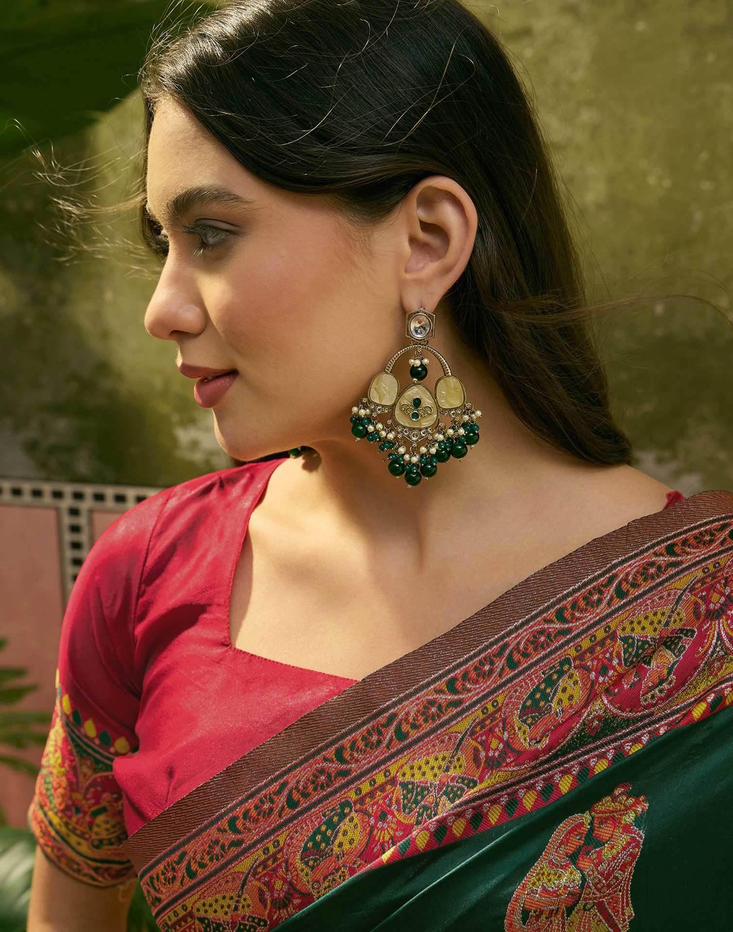 Dark Green Silk Woven Kalamkari Saree