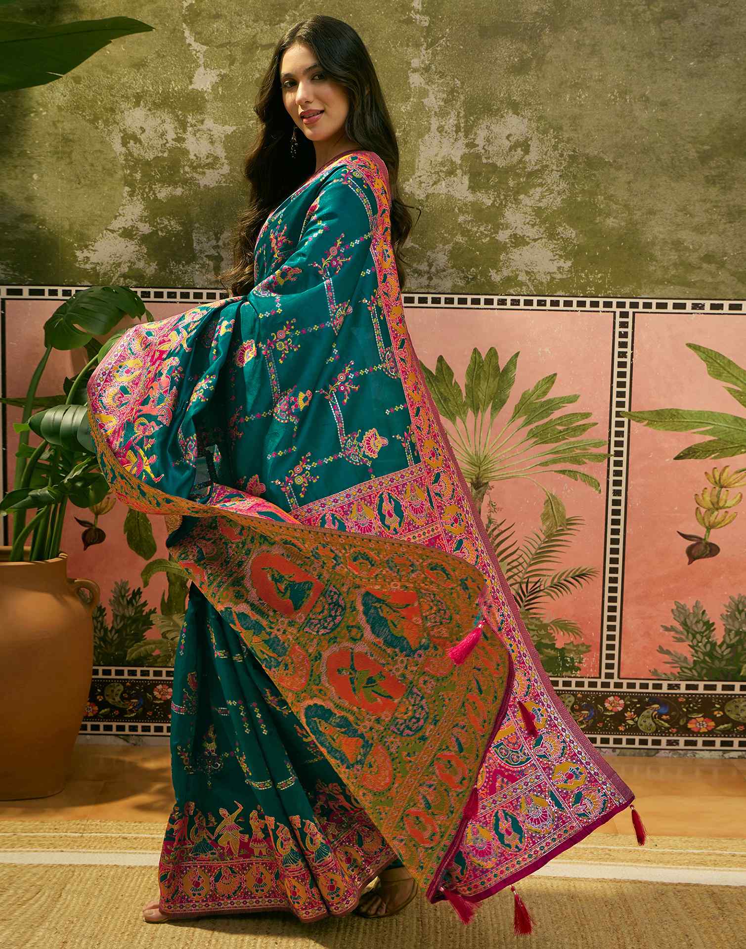 Teal Green Silk Woven Kalamkari Saree