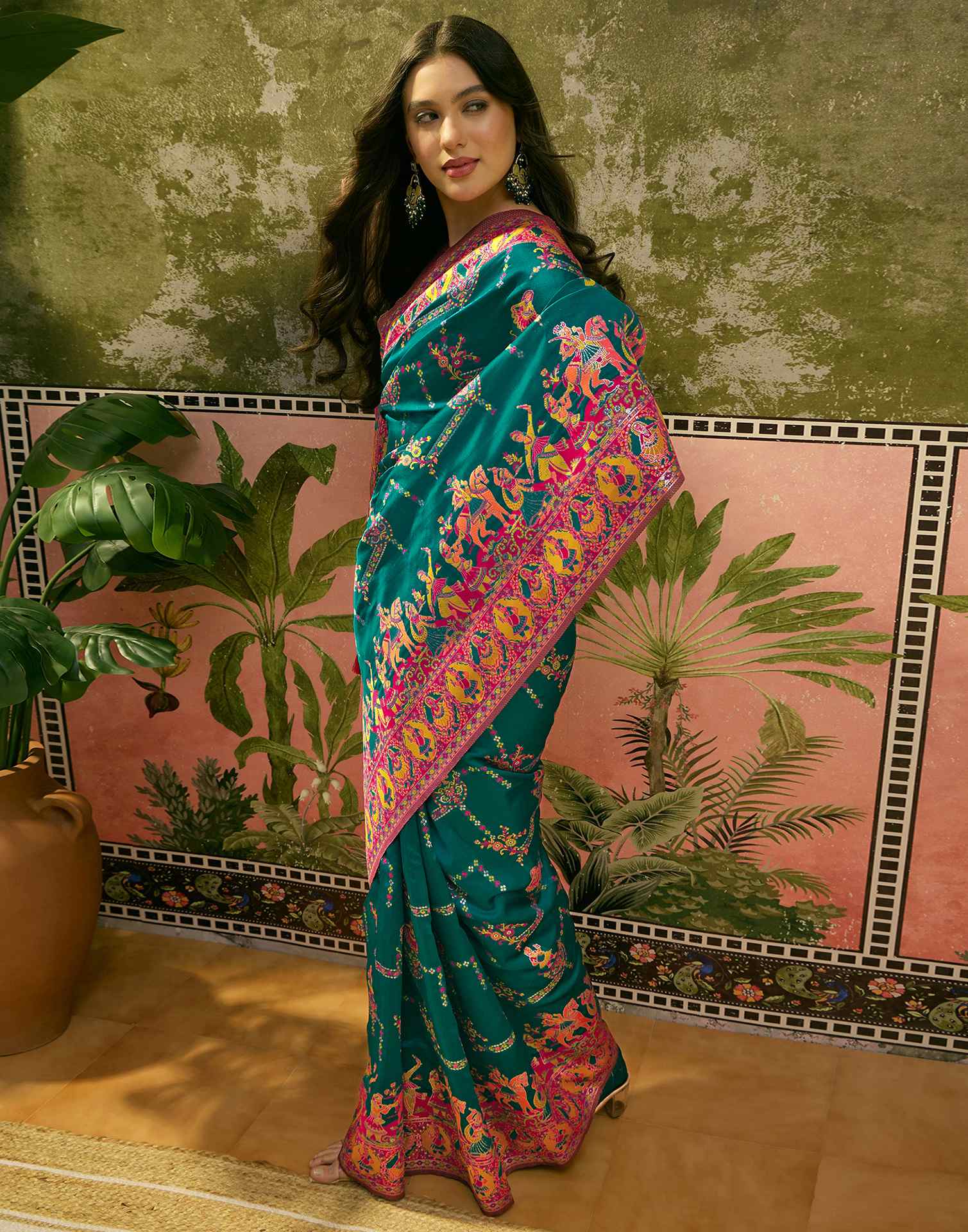 Teal Green Silk Woven Kalamkari Saree