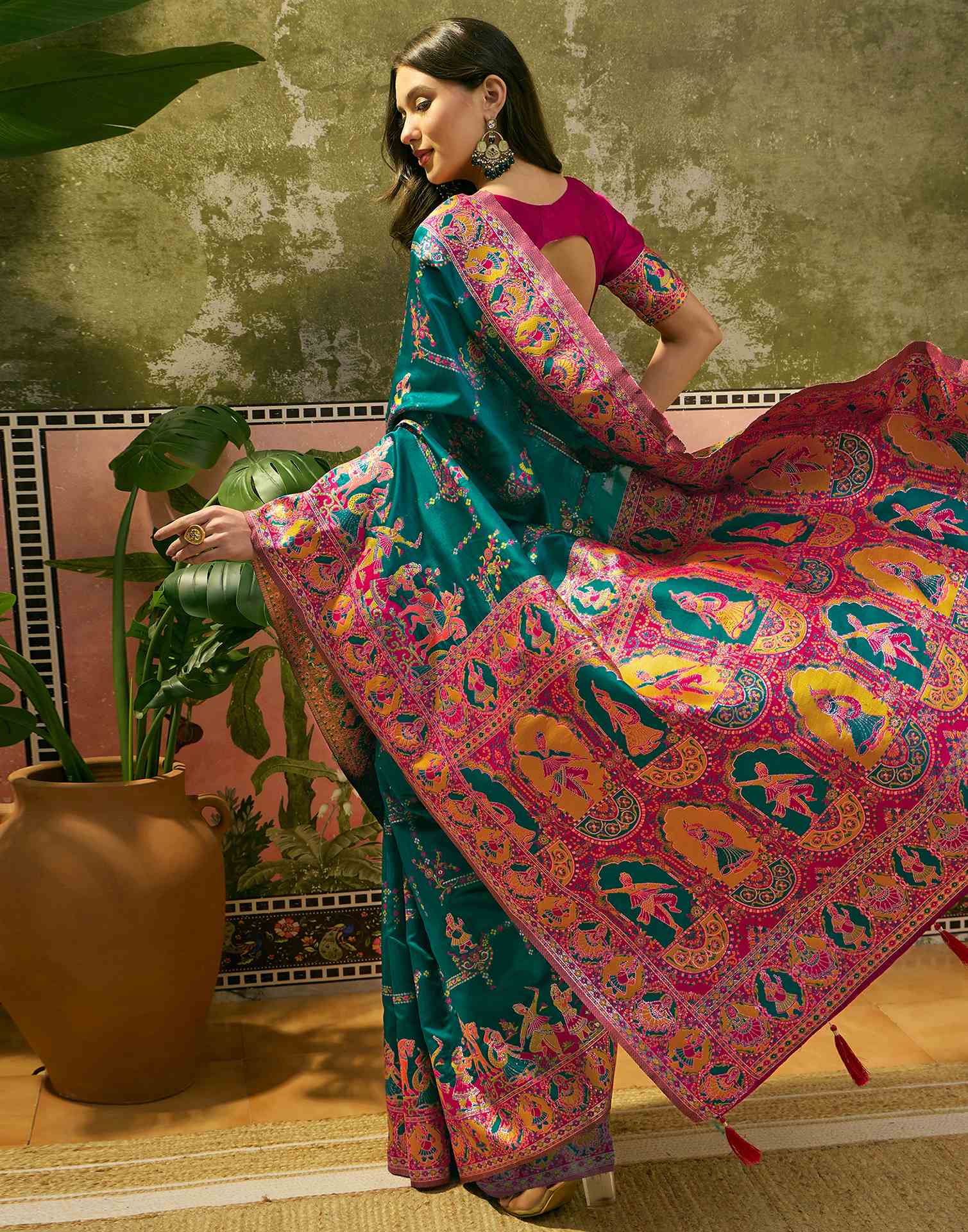 Teal Green Silk Woven Kalamkari Saree