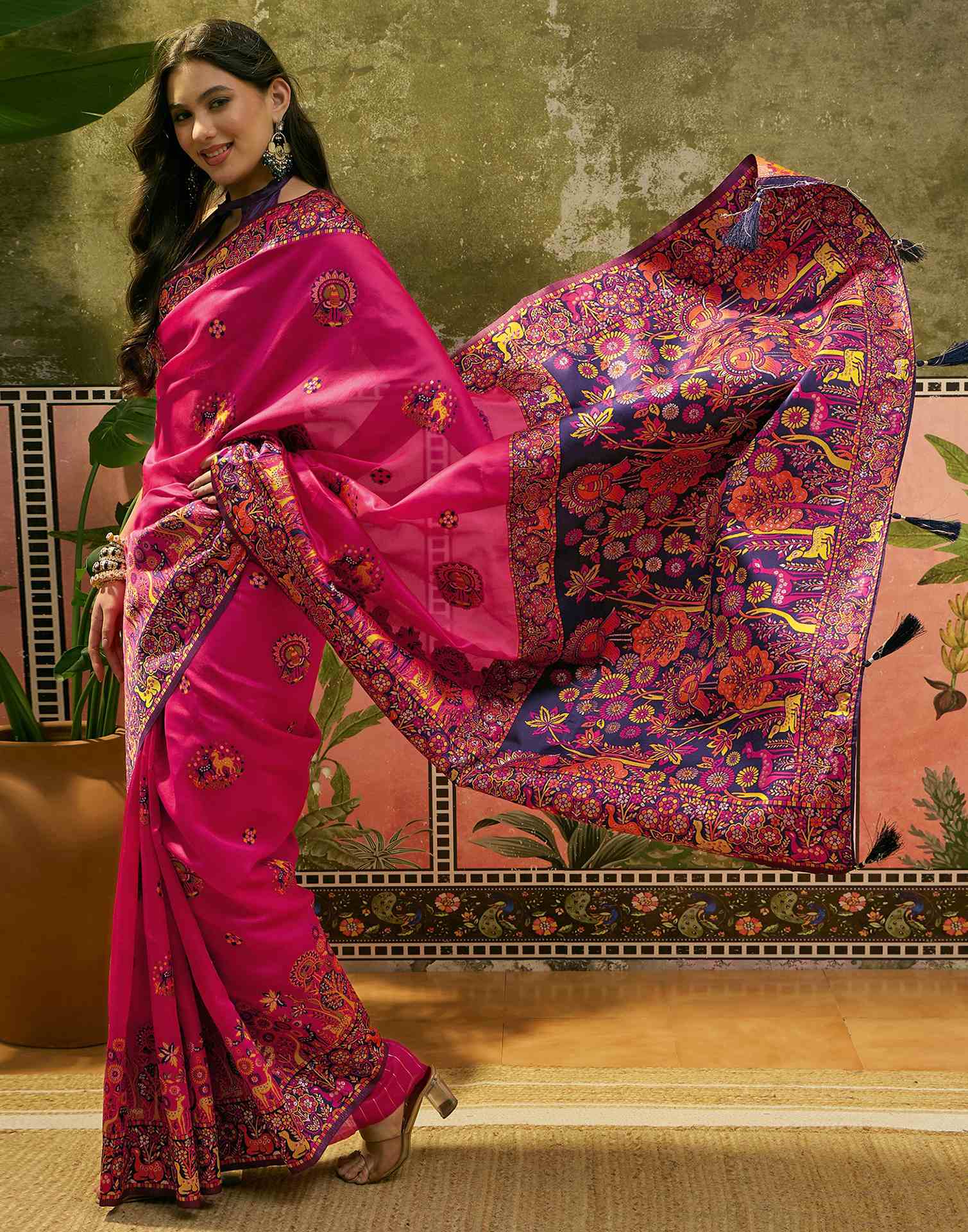 Rani Pink Silk Woven Kalamkari Saree
