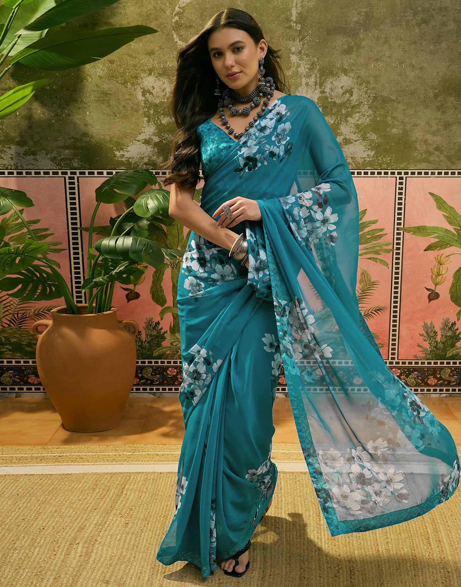 Teal Blue Georgette Floral Printed Saree