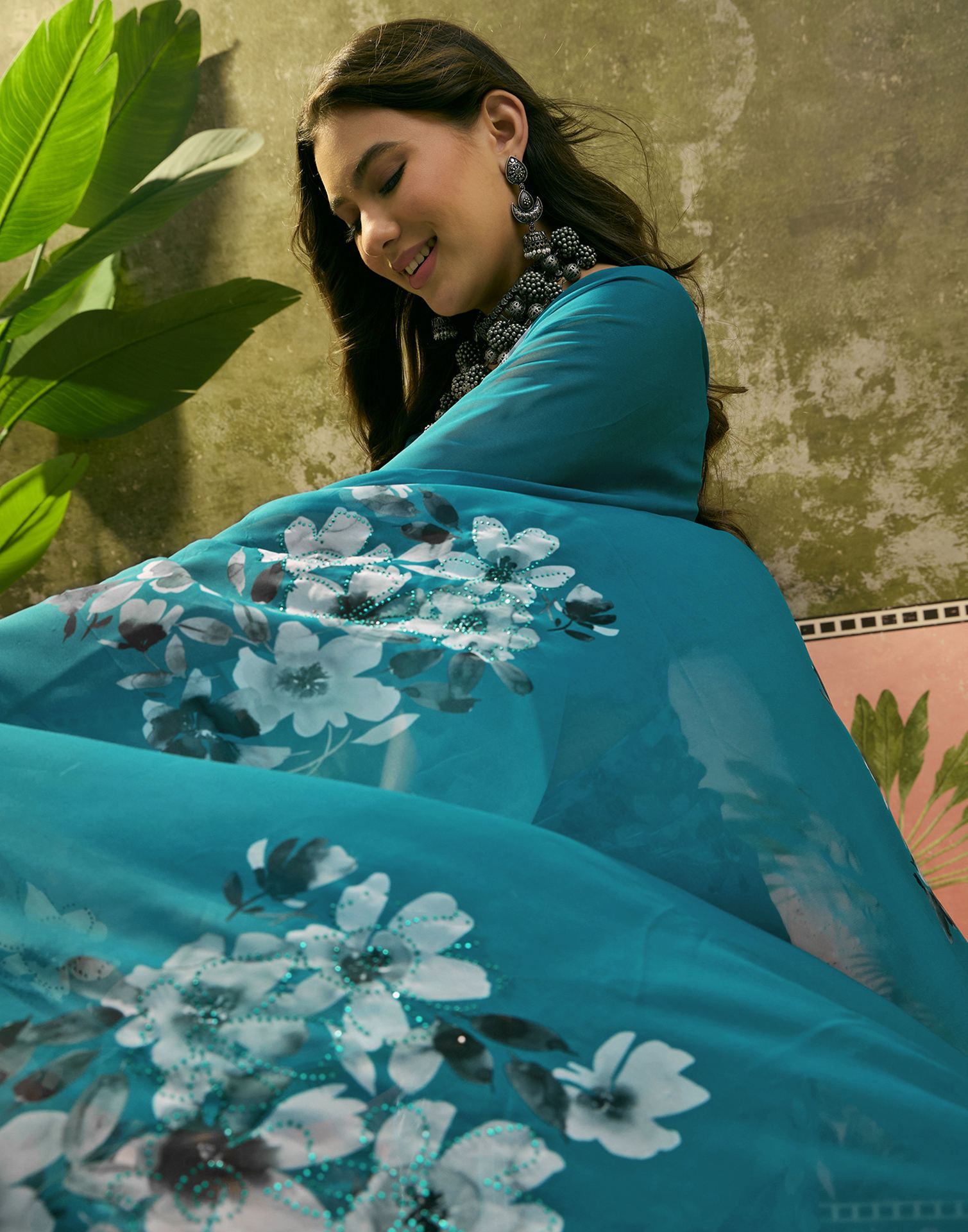 Teal Blue Georgette Floral Printed Saree