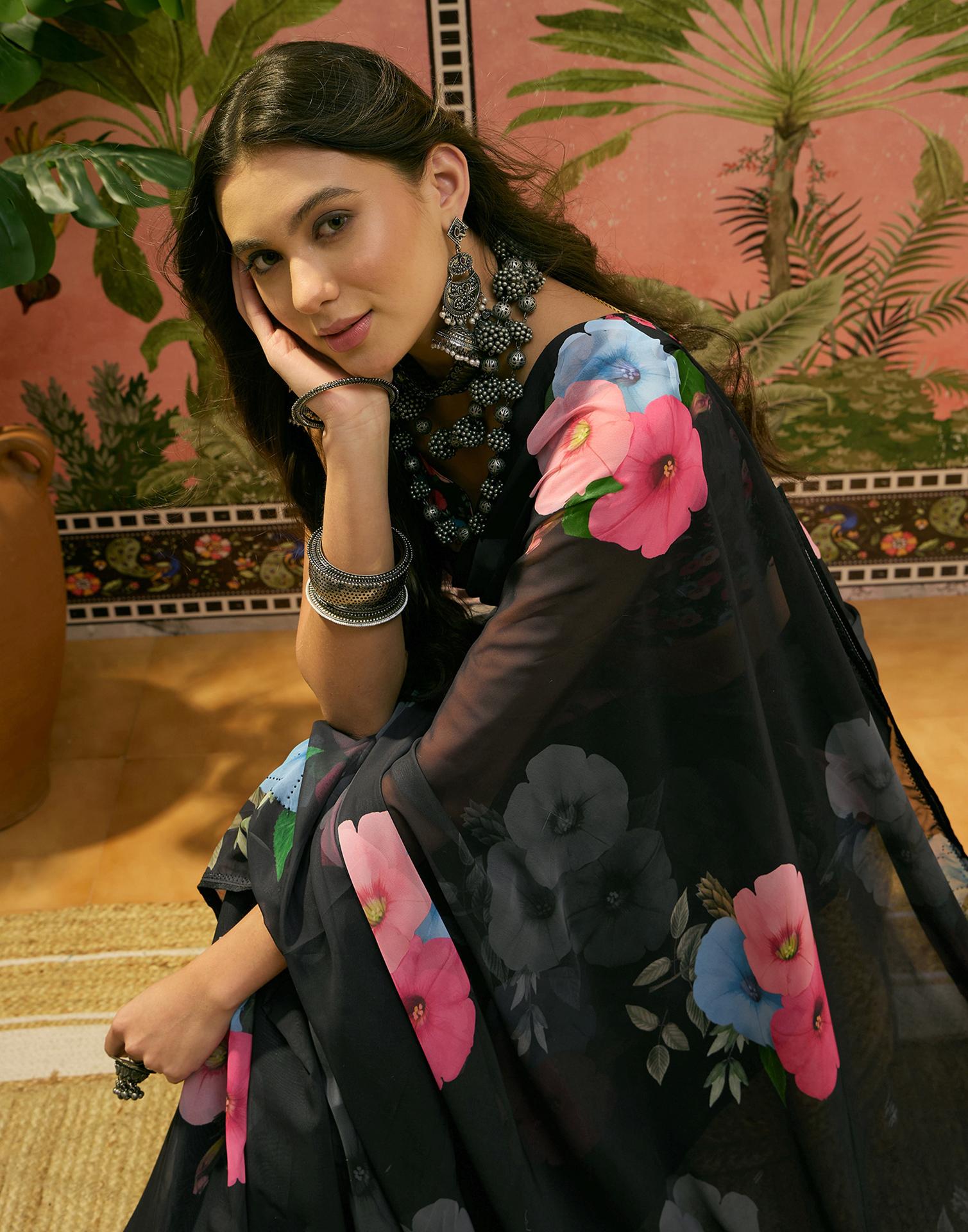 Black Georgette Floral Printed Saree
