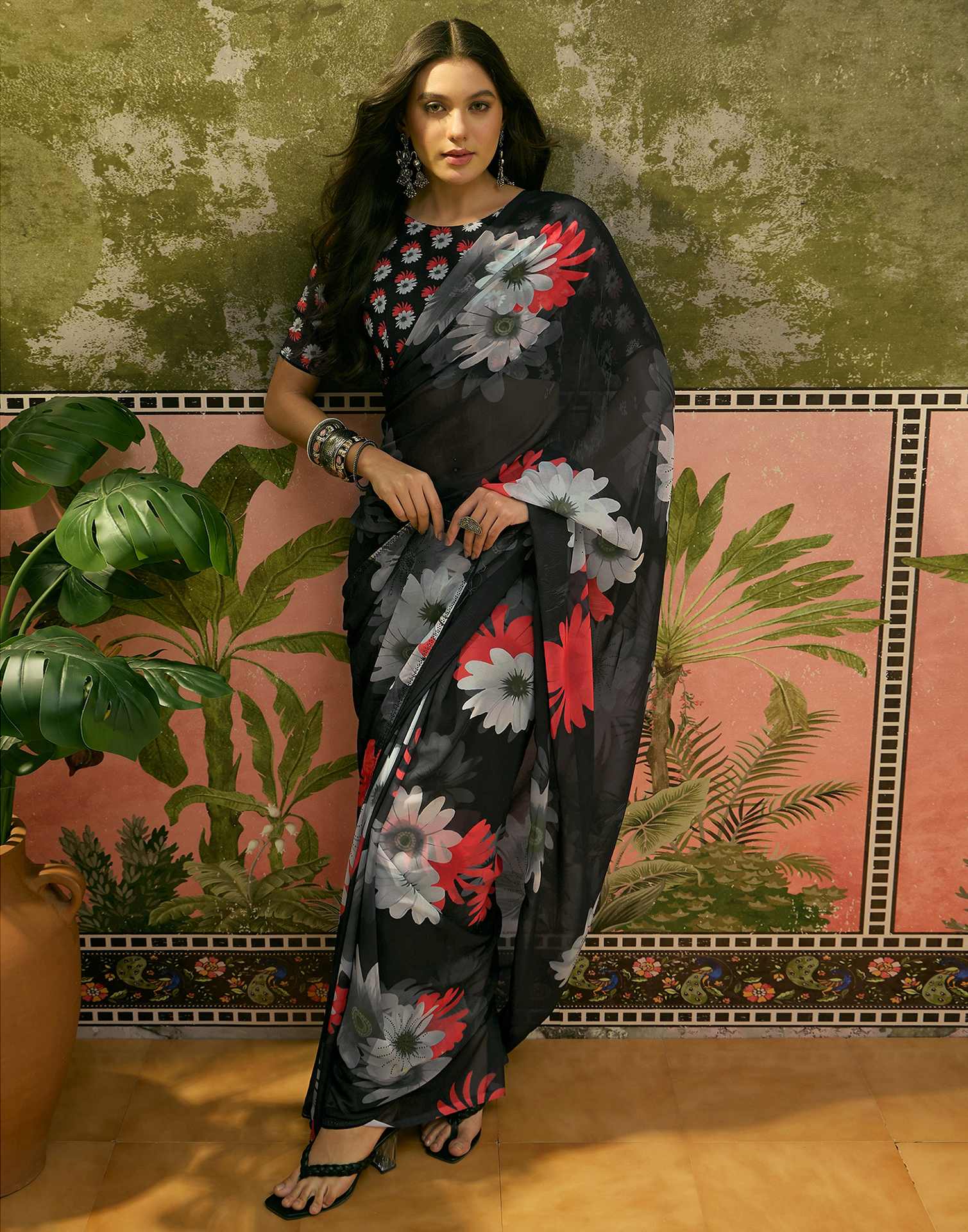 Black Georgette Floral Printed Saree