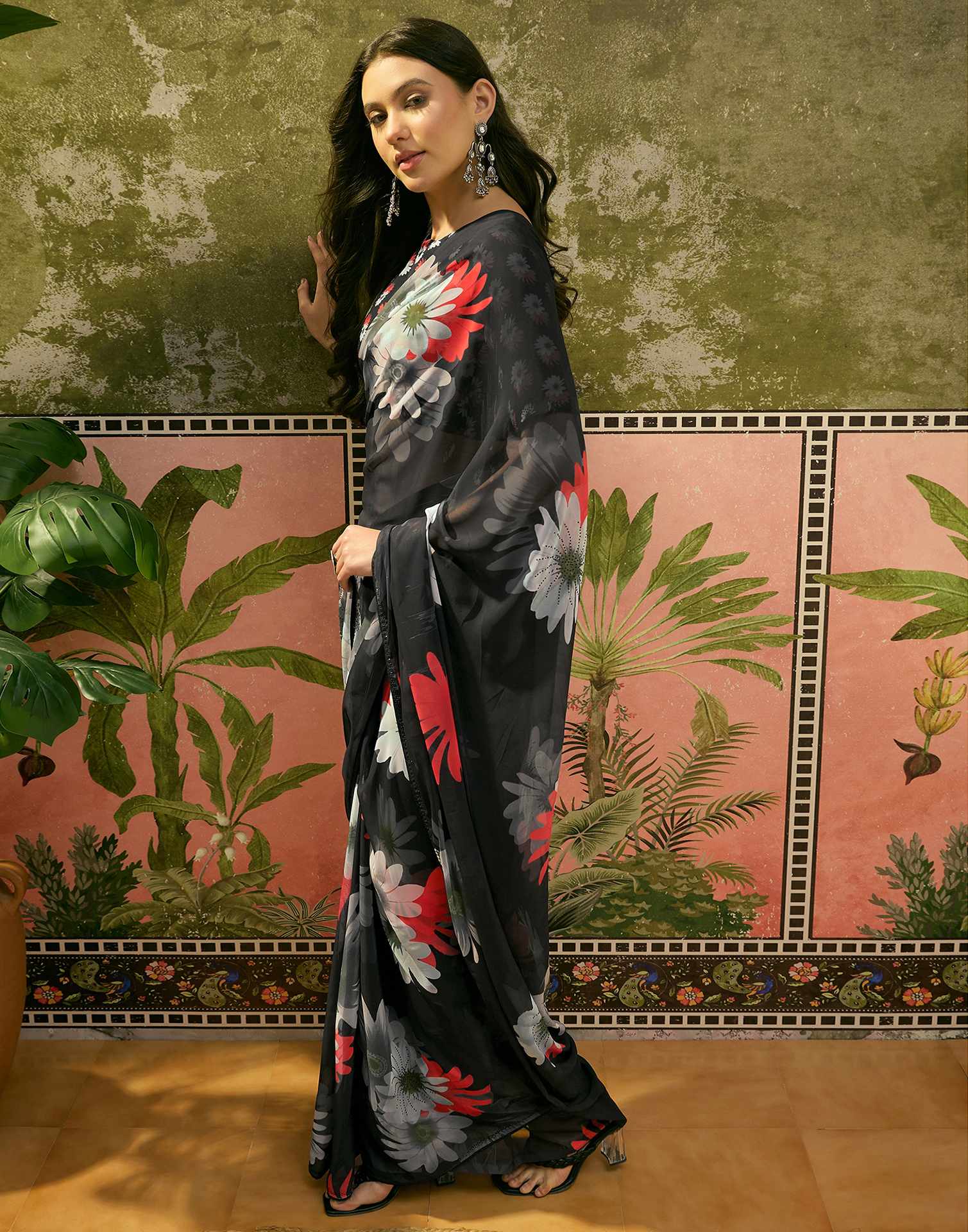 Black Georgette Floral Printed Saree