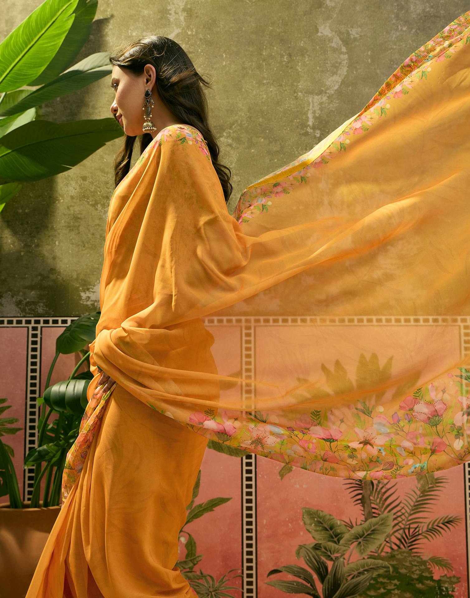 Yellow Georgette Floral Printed Saree