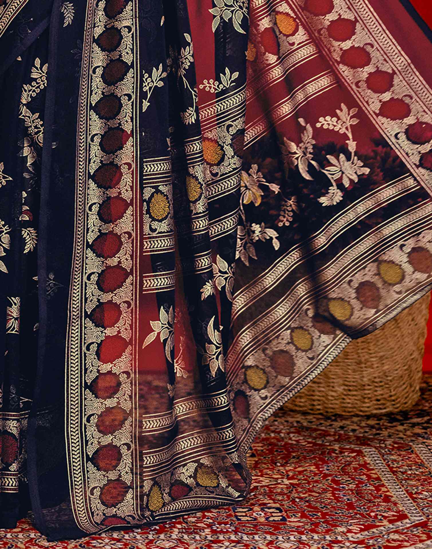 Navy Blue Georgette Foil Printed Saree