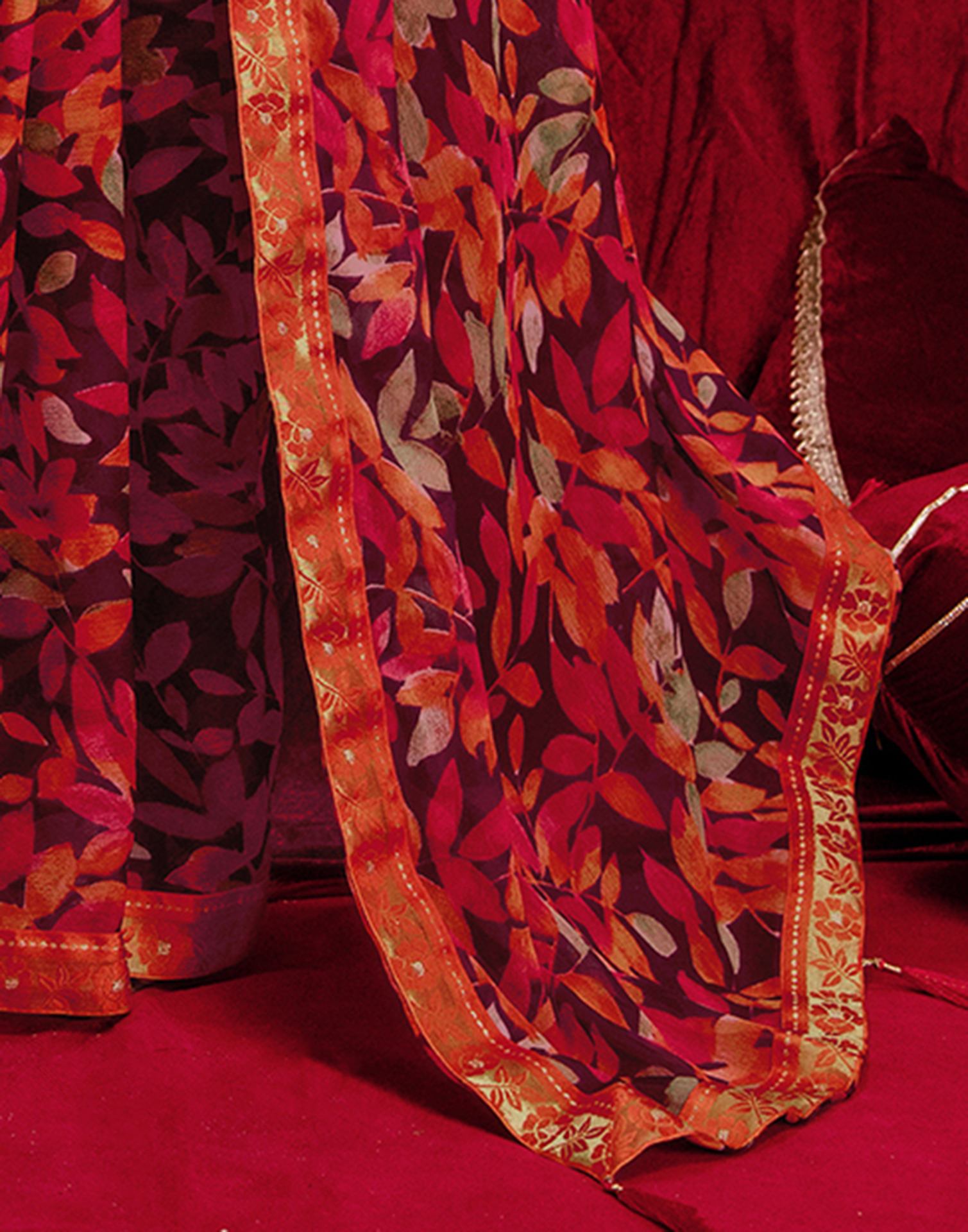 Wine Chiffon Printed Saree