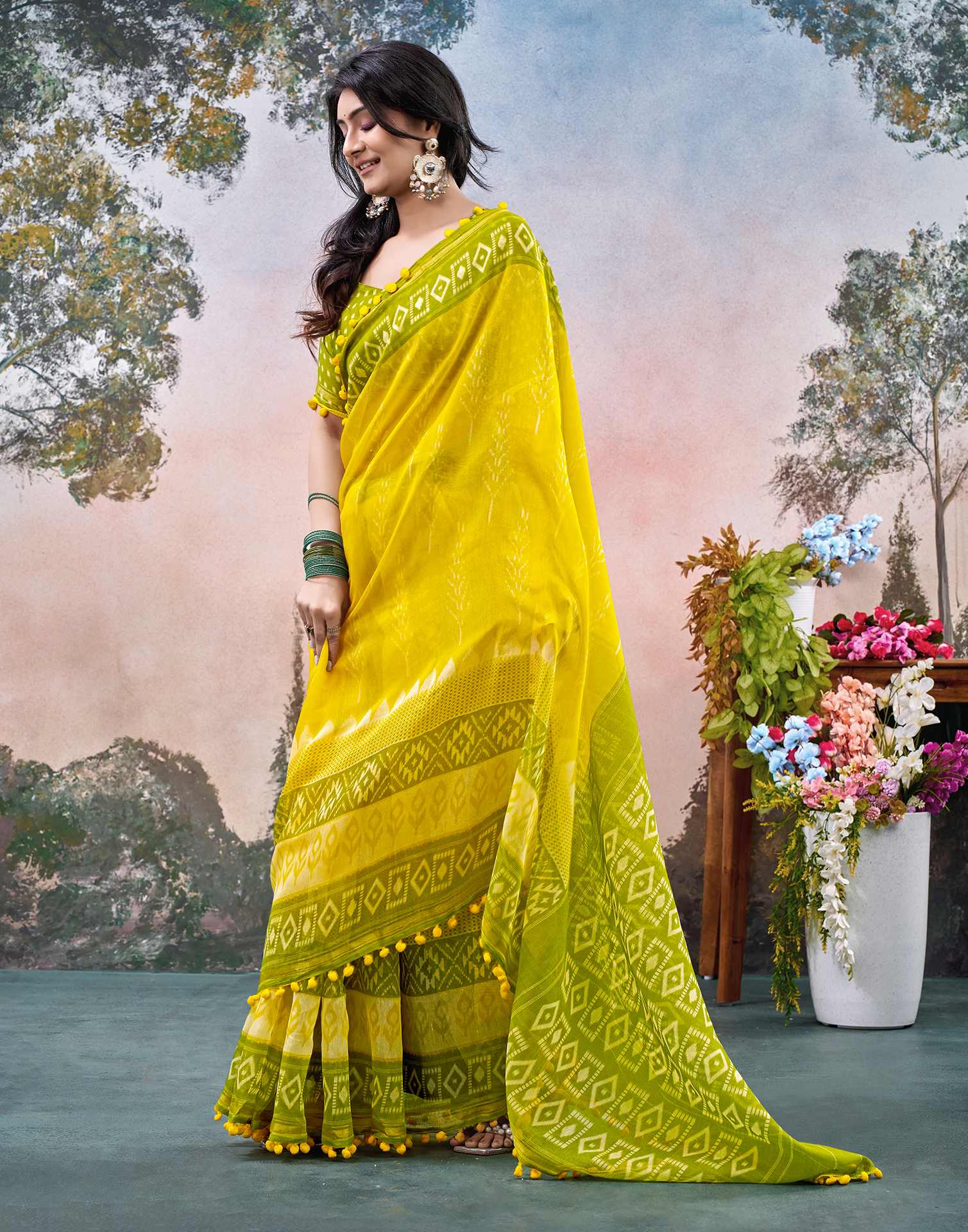 Yellow Chanderi Ikkat Printed Saree