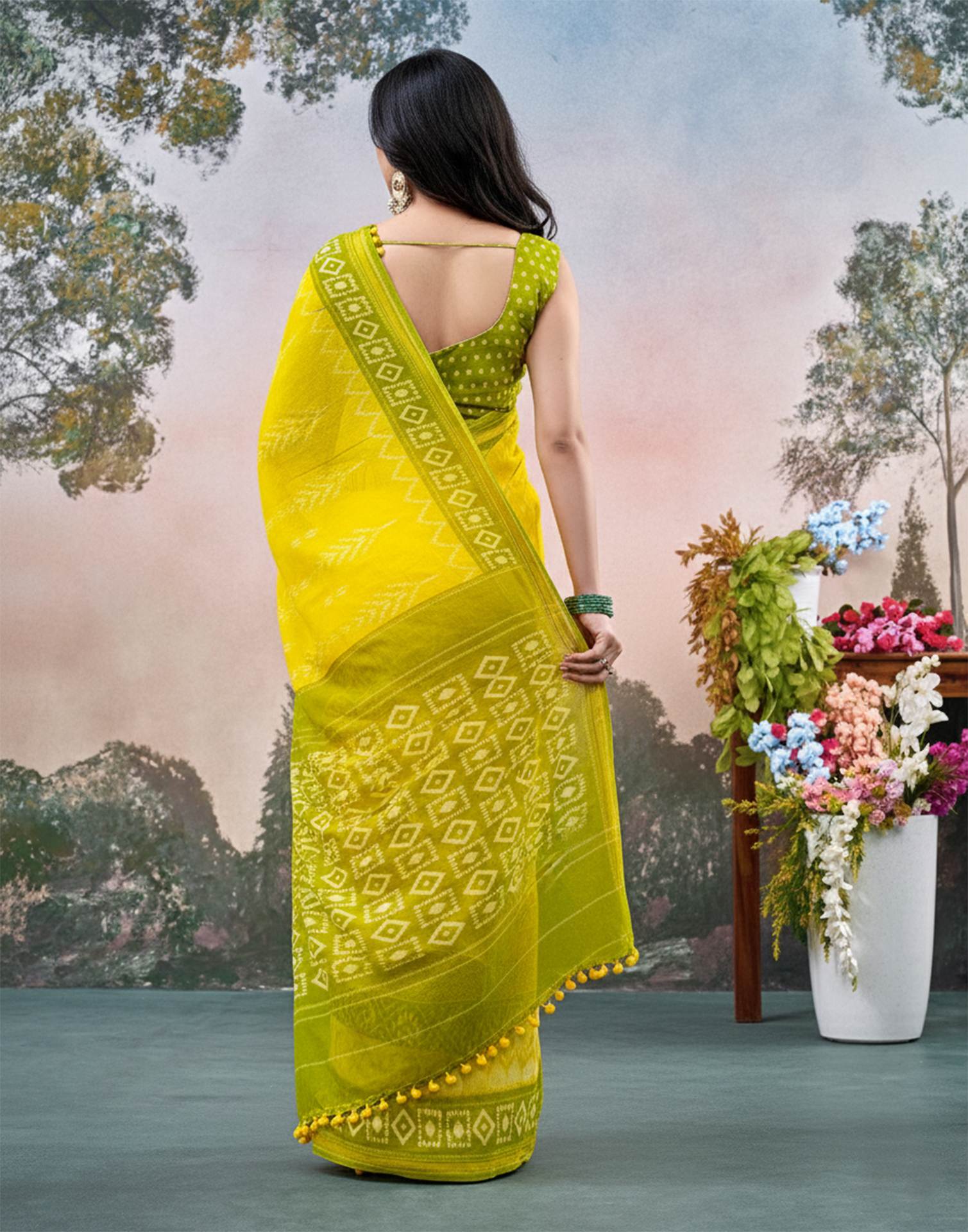 Yellow Chanderi Ikkat Printed Saree