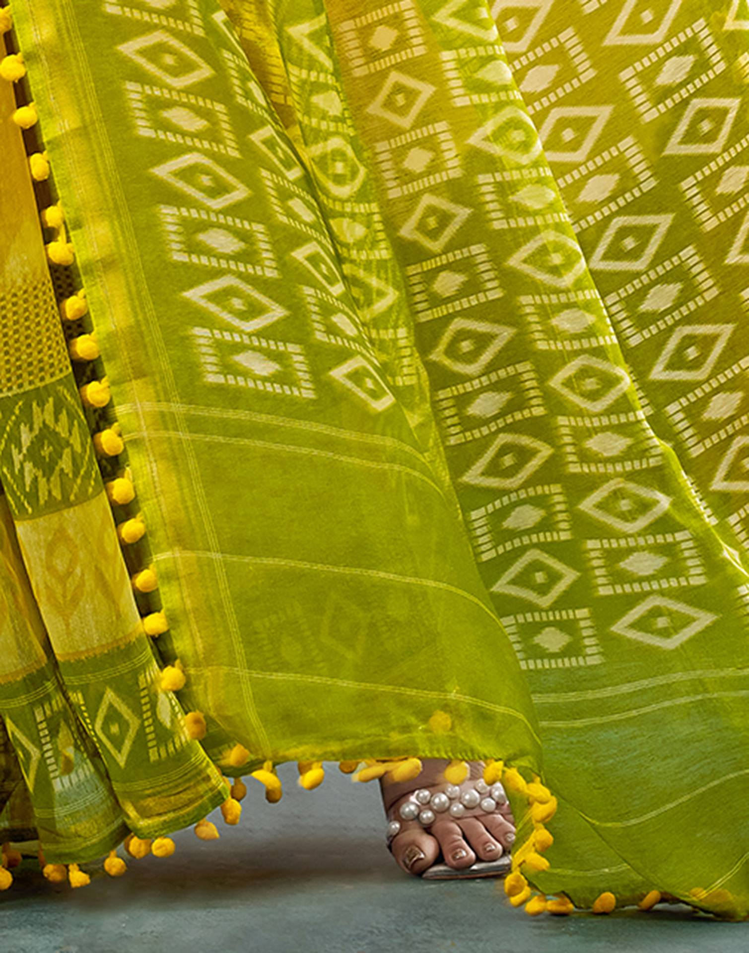 Yellow Chanderi Ikkat Printed Saree