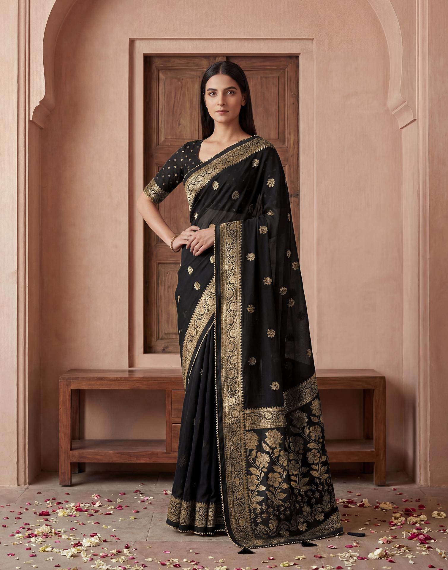 Black Georgette Foil Printed Saree