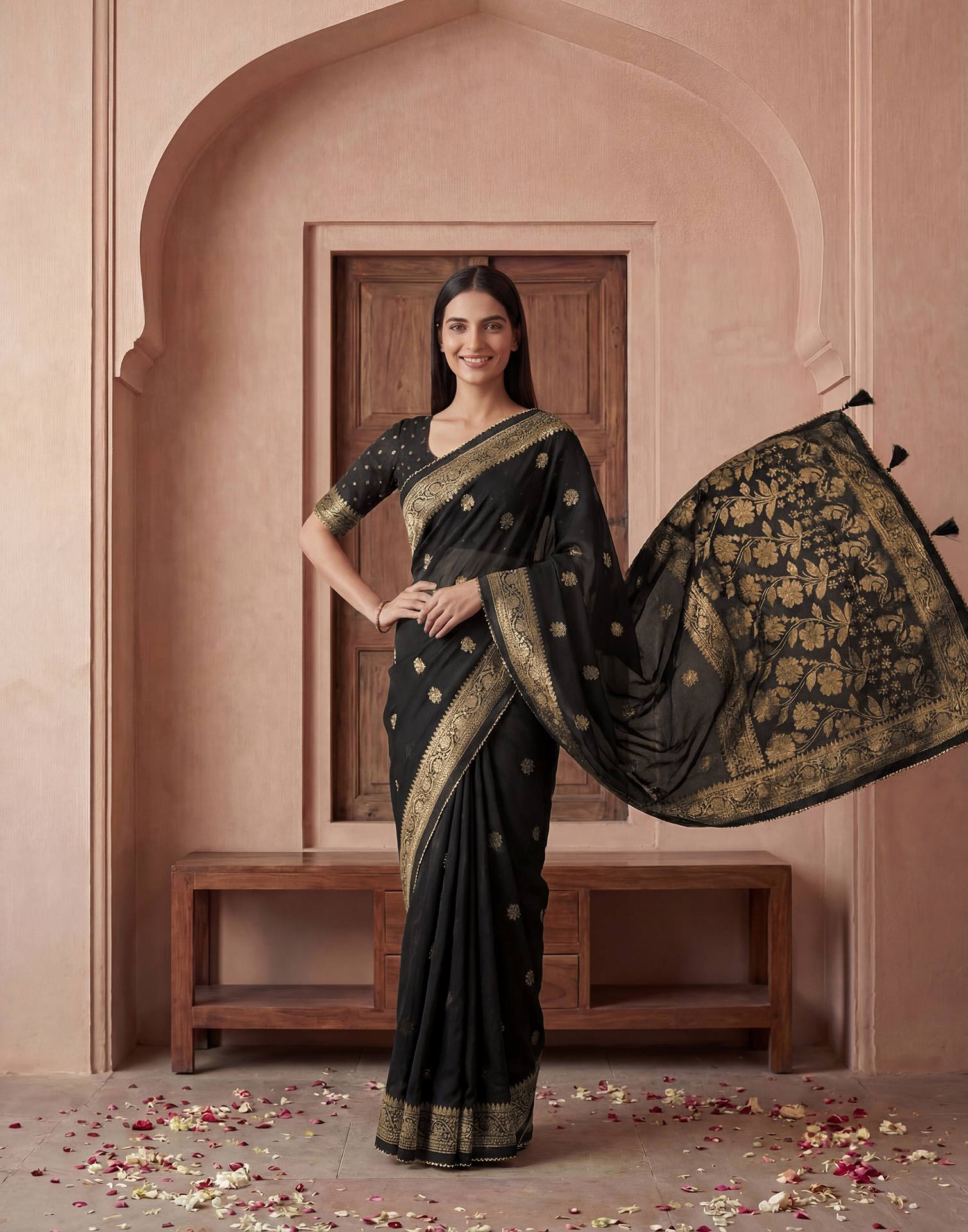 Black Georgette Foil Printed Saree