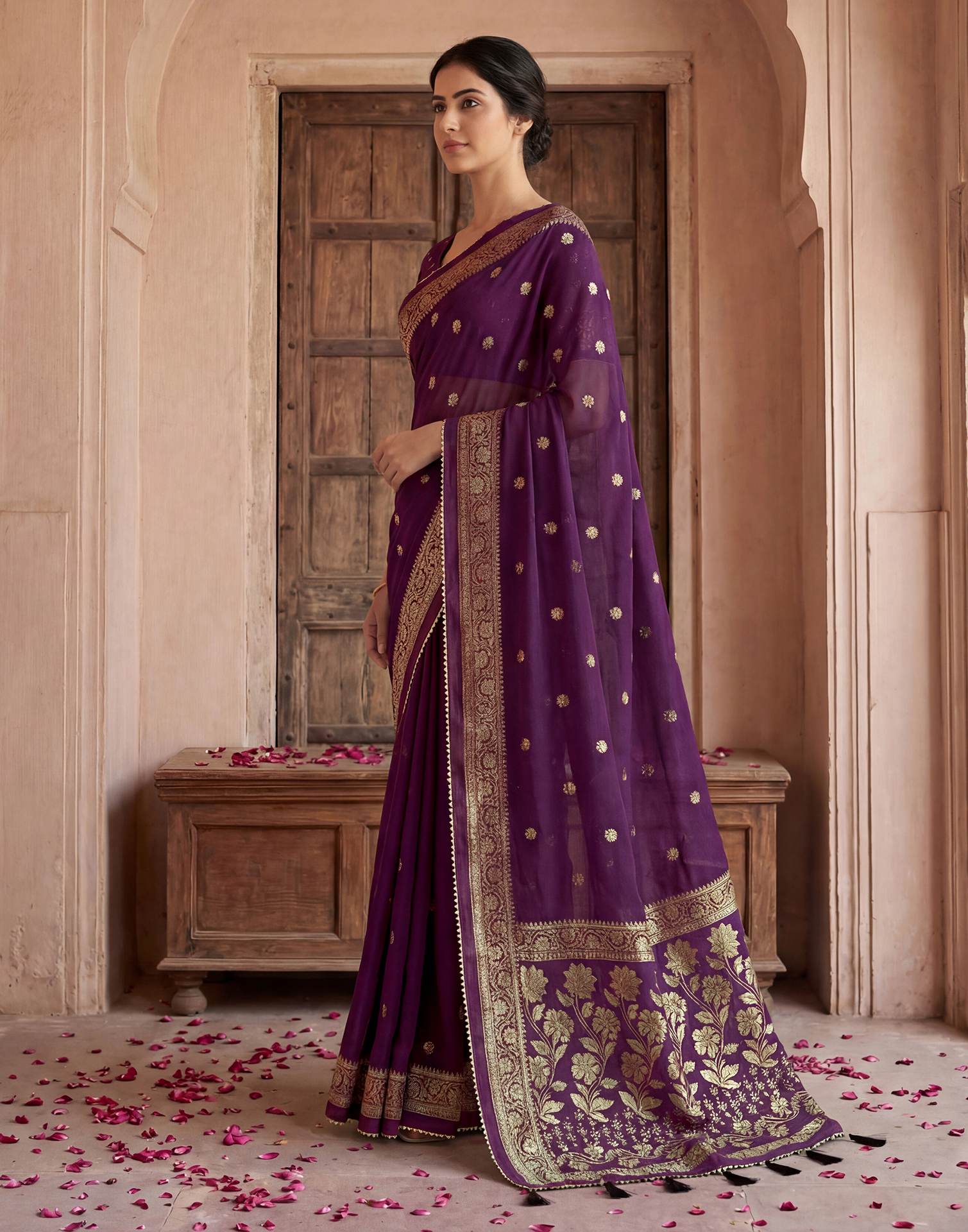 Wine Georgette Foil Printed Saree