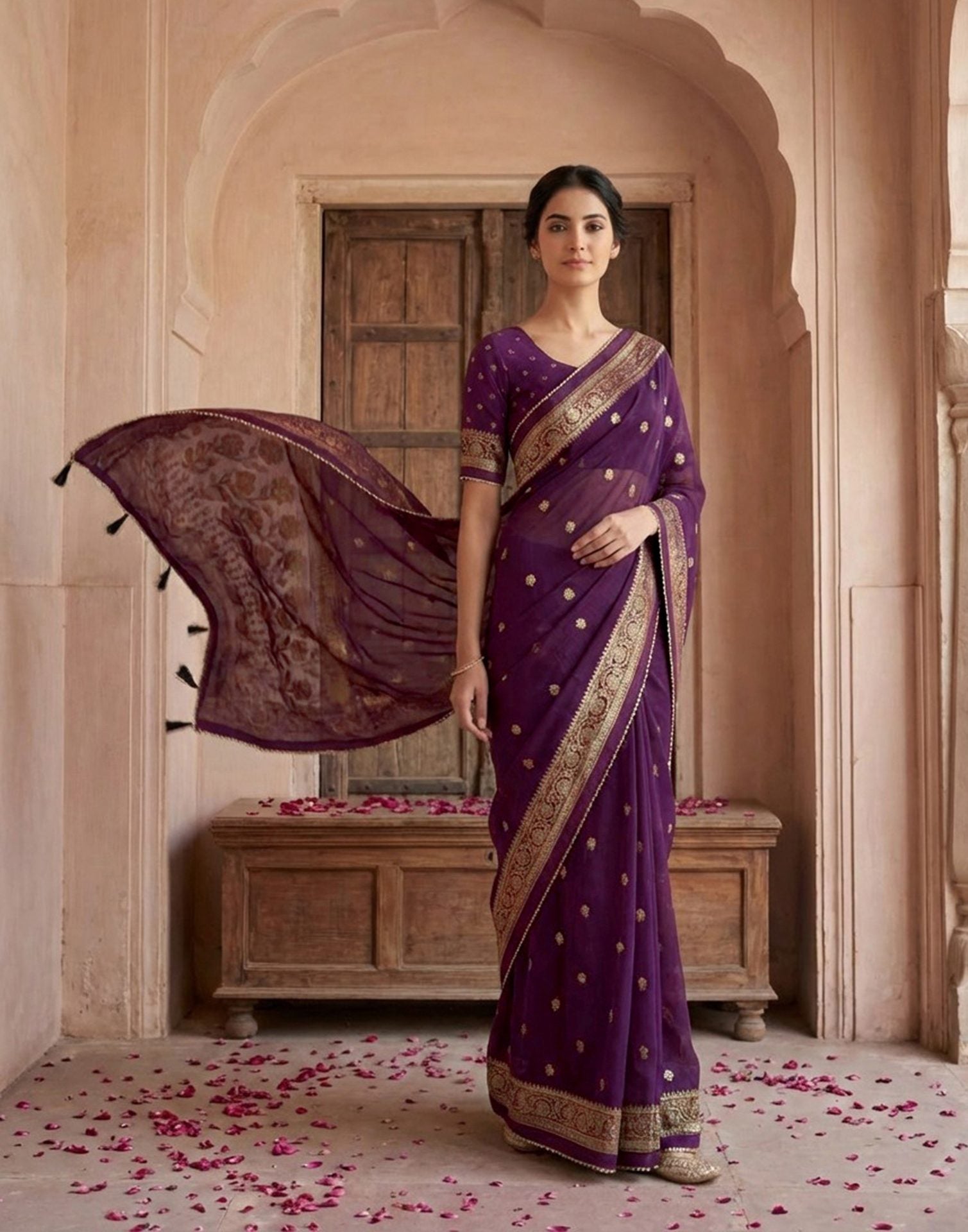 Wine Georgette Foil Printed Saree