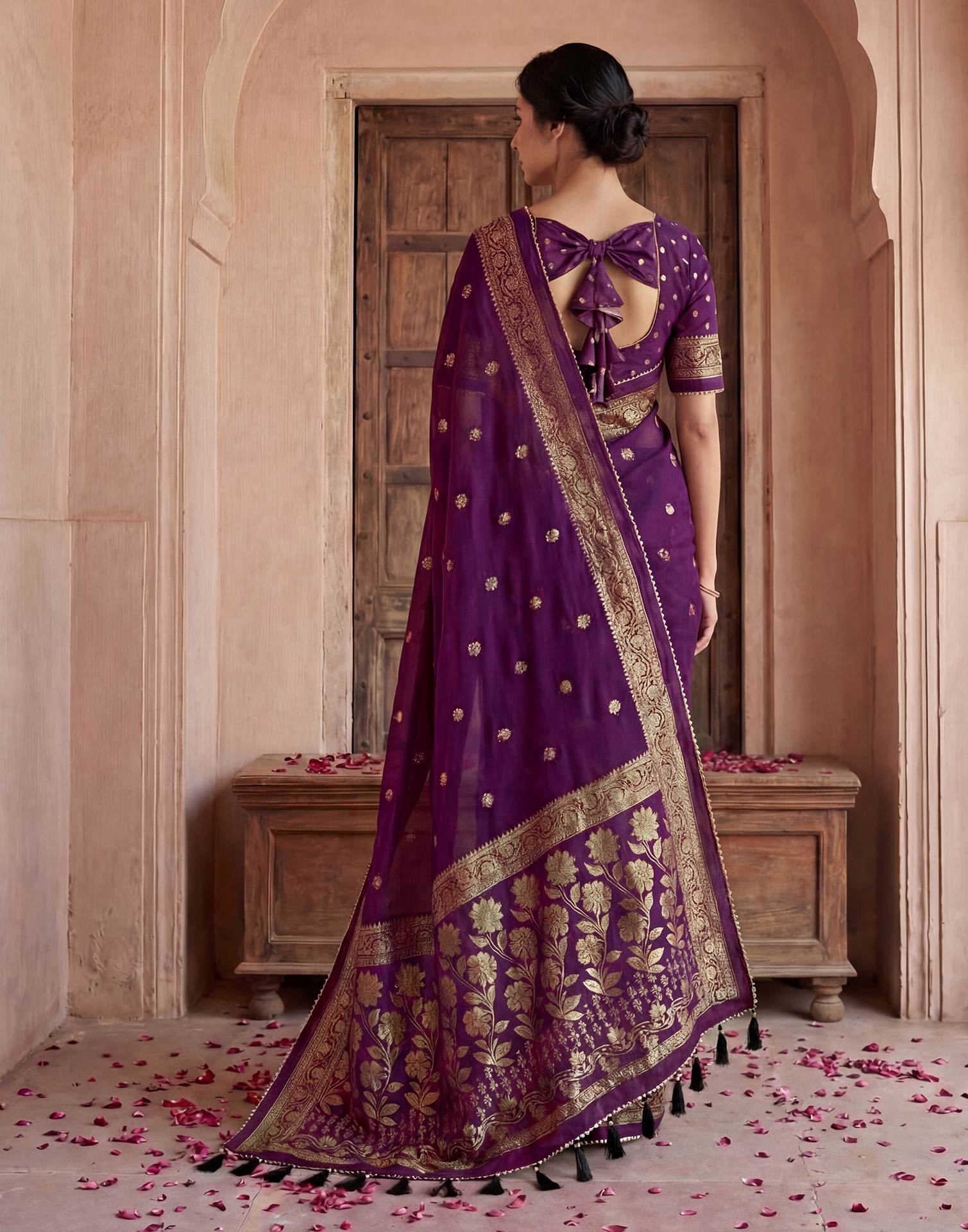 Wine Georgette Foil Printed Saree