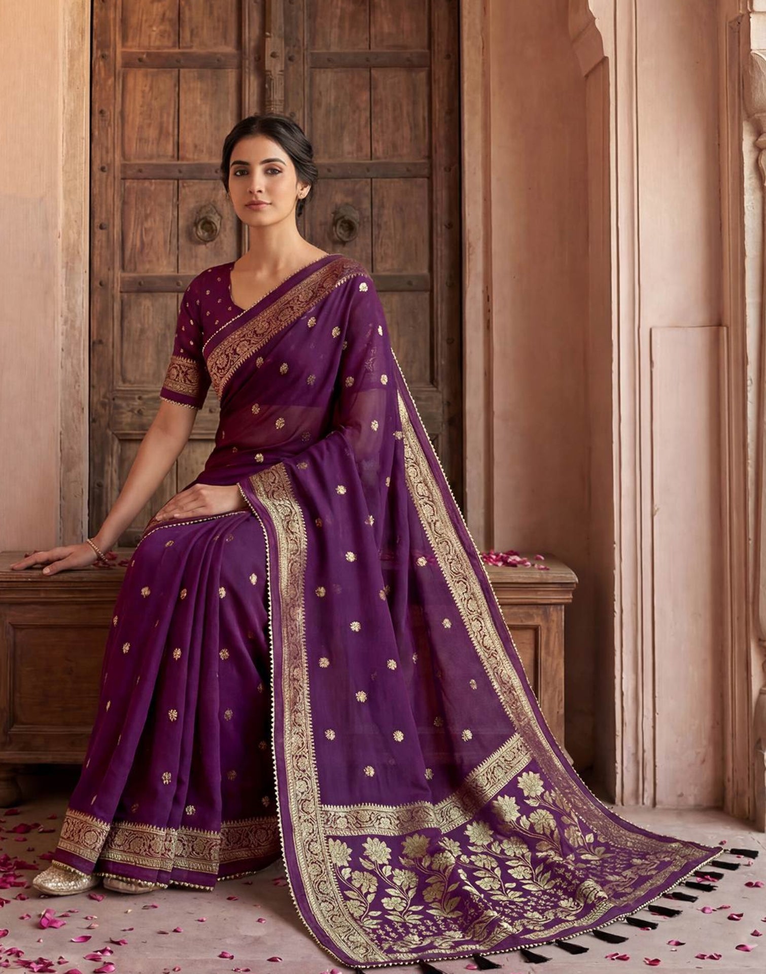 Wine Georgette Foil Printed Saree