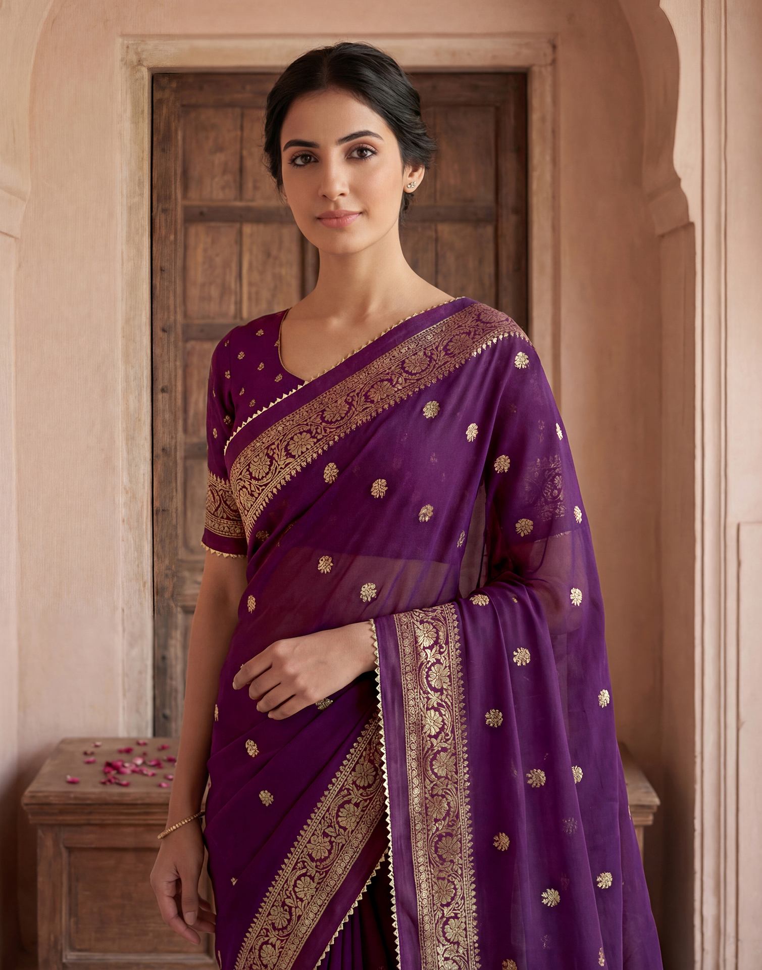 Wine Georgette Foil Printed Saree