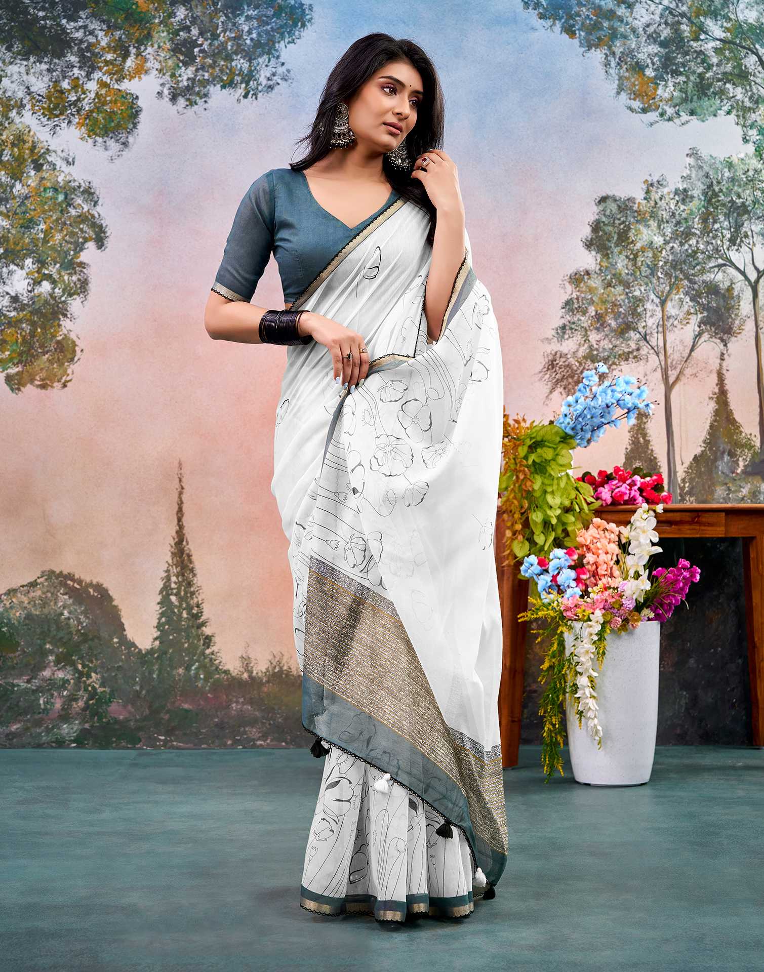 Off White Chanderi Printed Saree