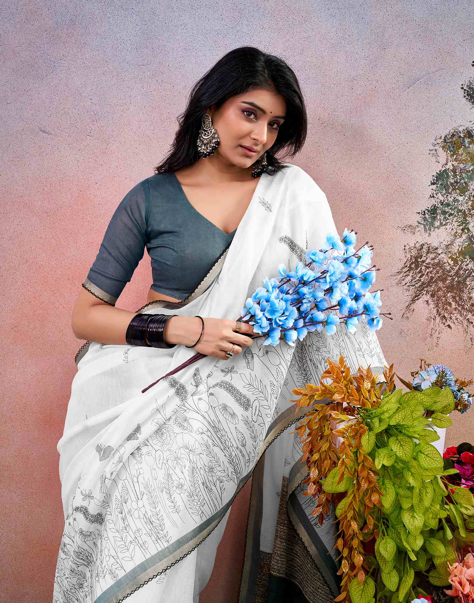 Off White Chanderi Printed Saree