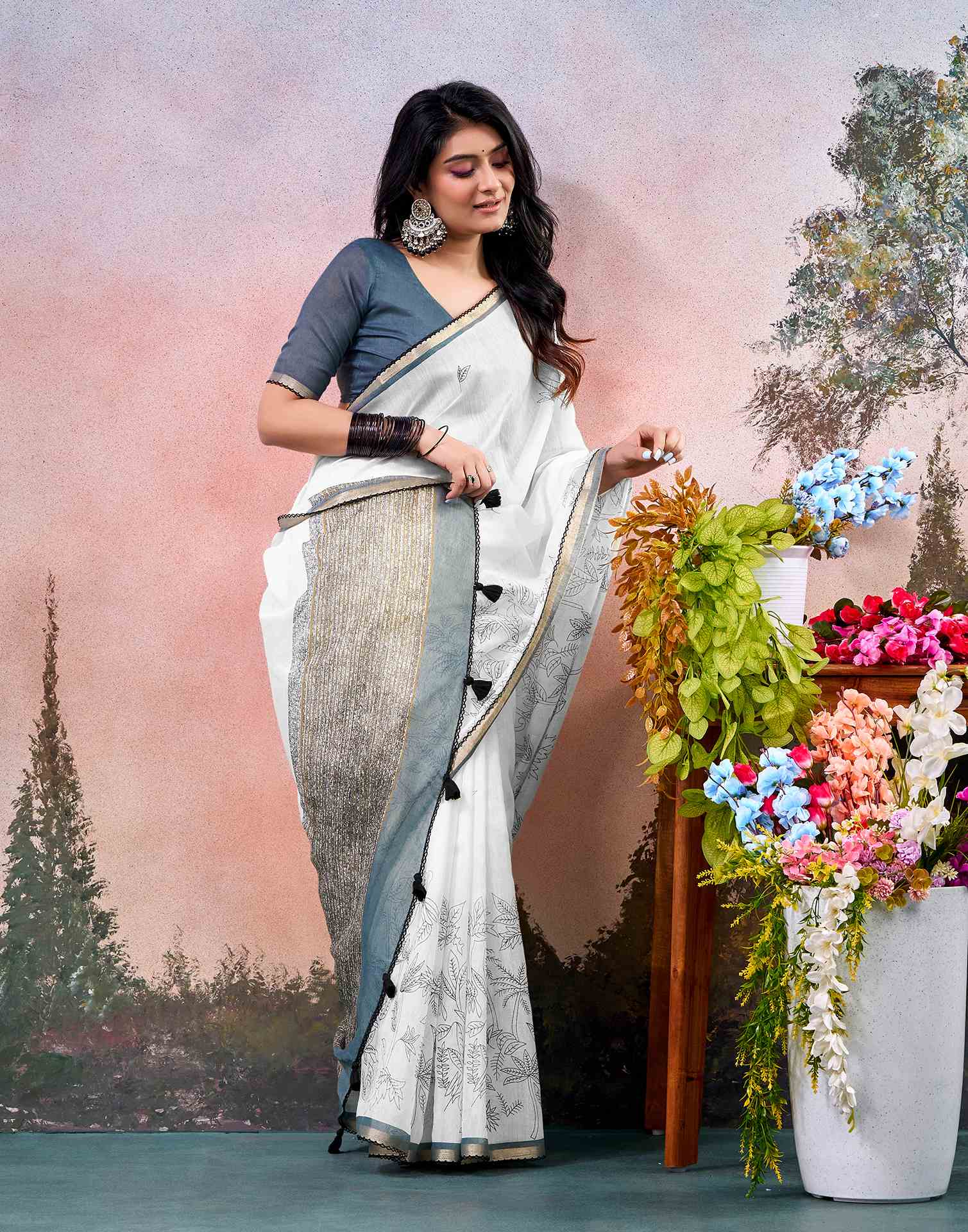 Off White Chanderi Printed Saree