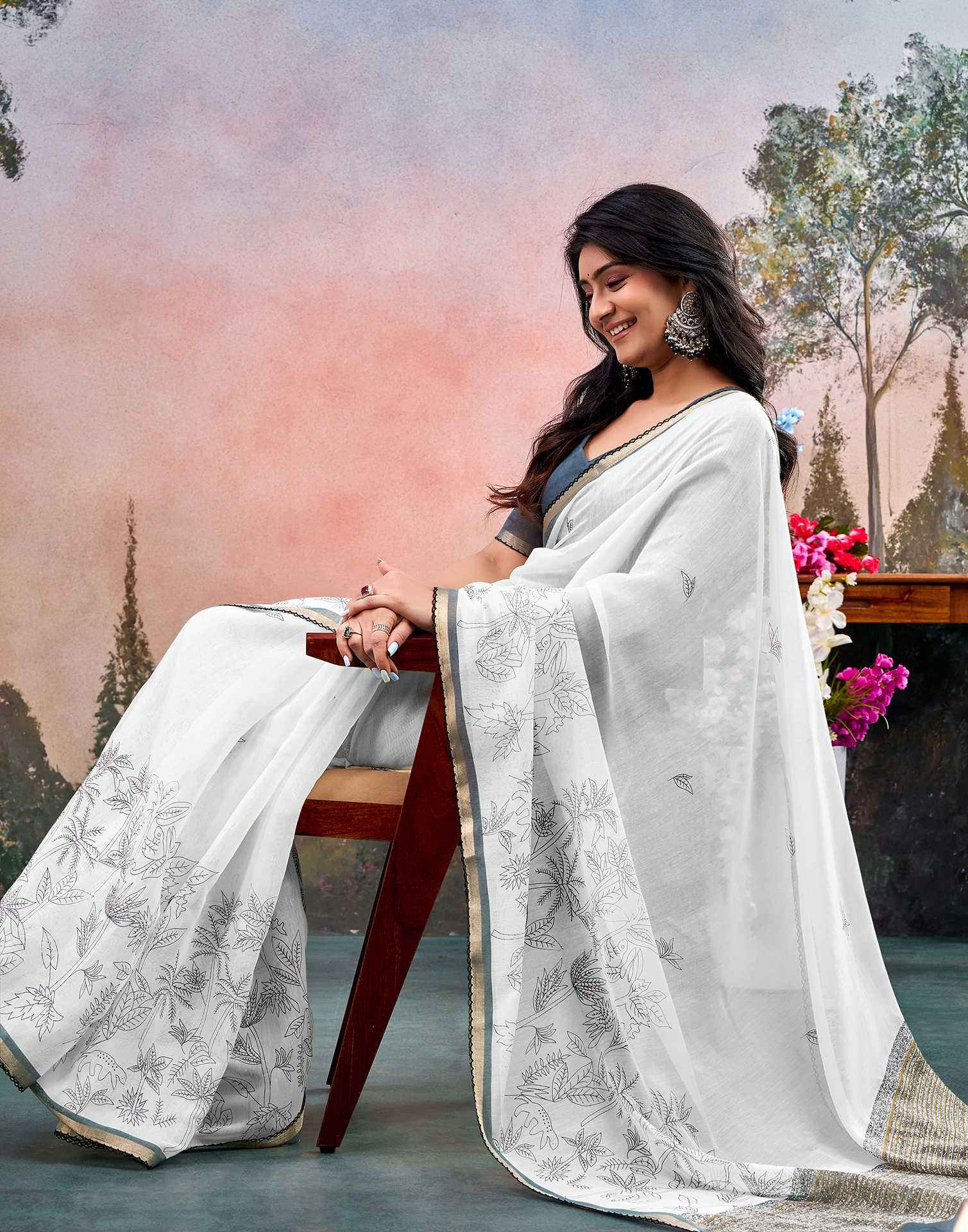 Off White Chanderi Printed Saree