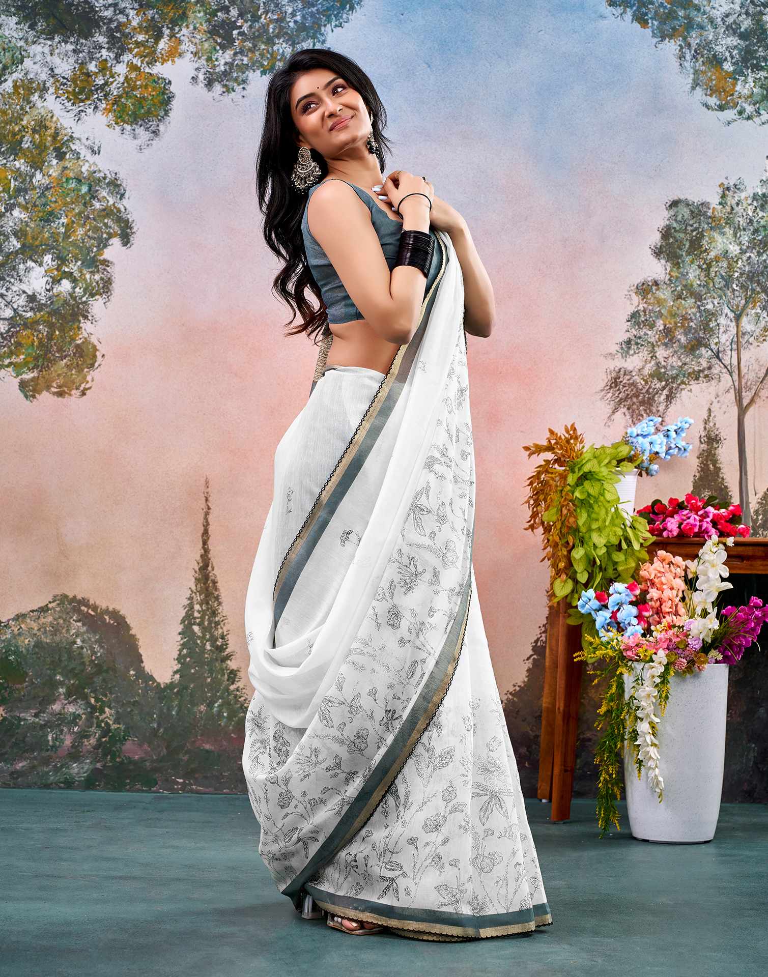 Off White Chanderi Printed Saree