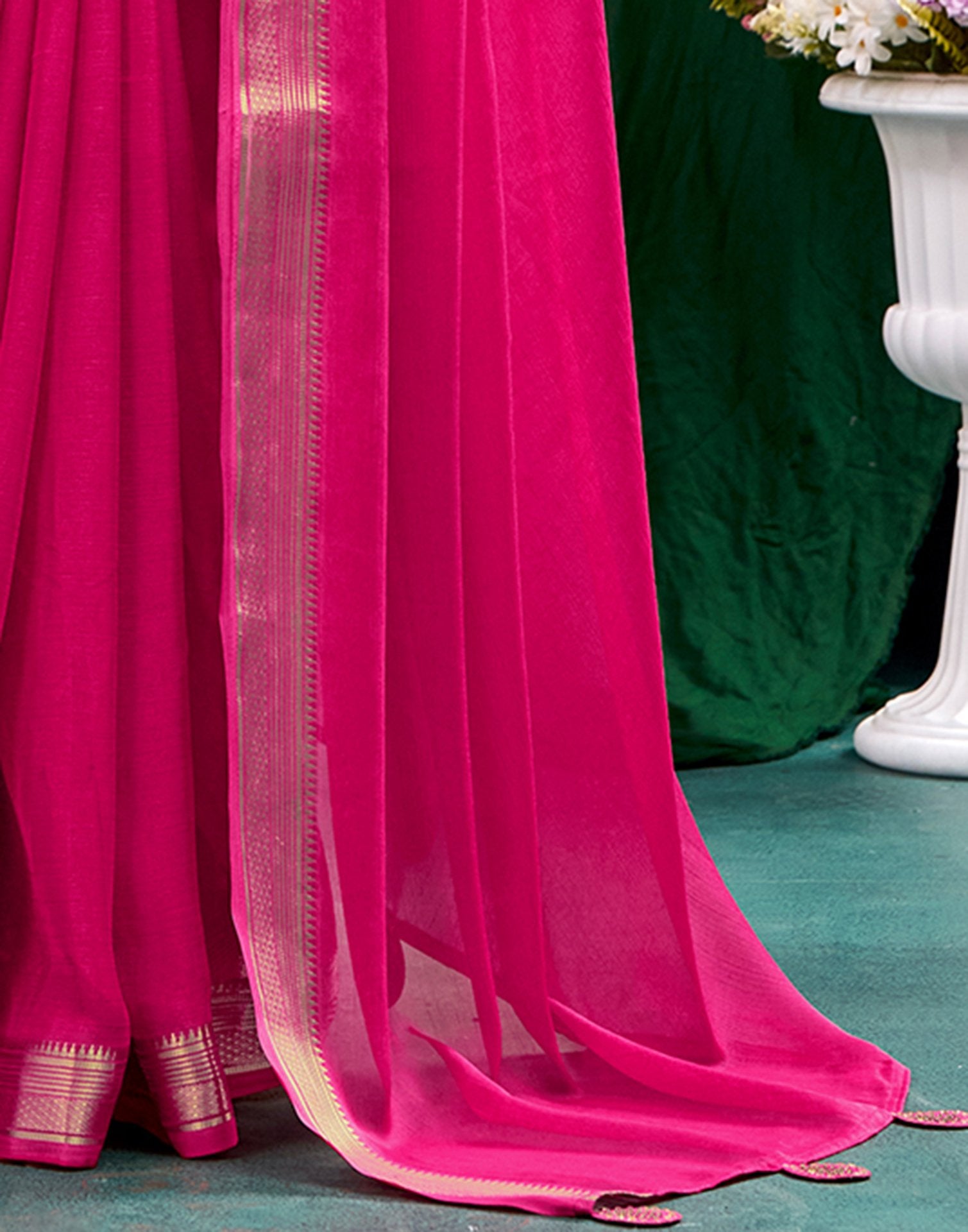 Rani Pink Chiffon Woven Border Saree