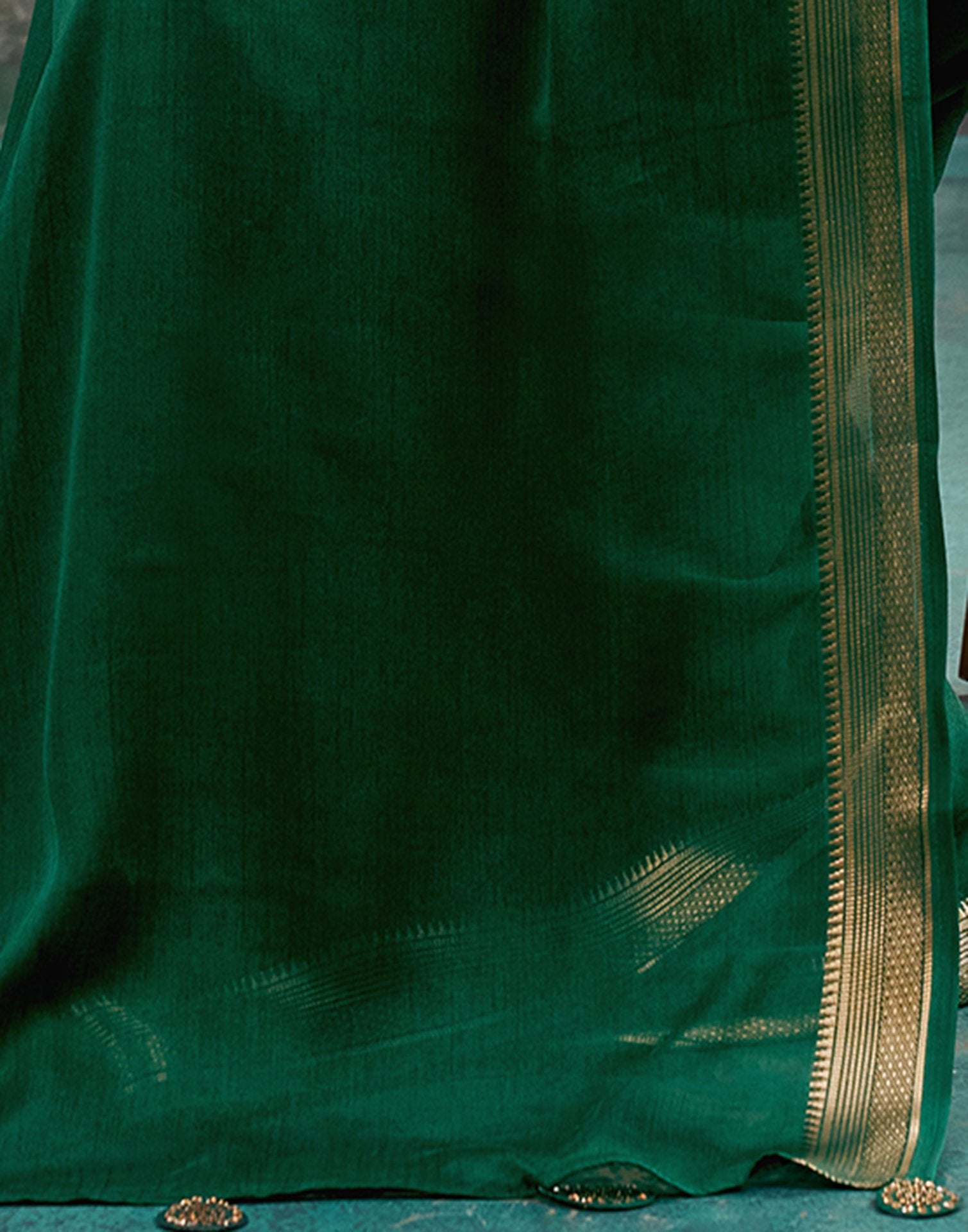 Dark Green Chiffon Woven Border Saree