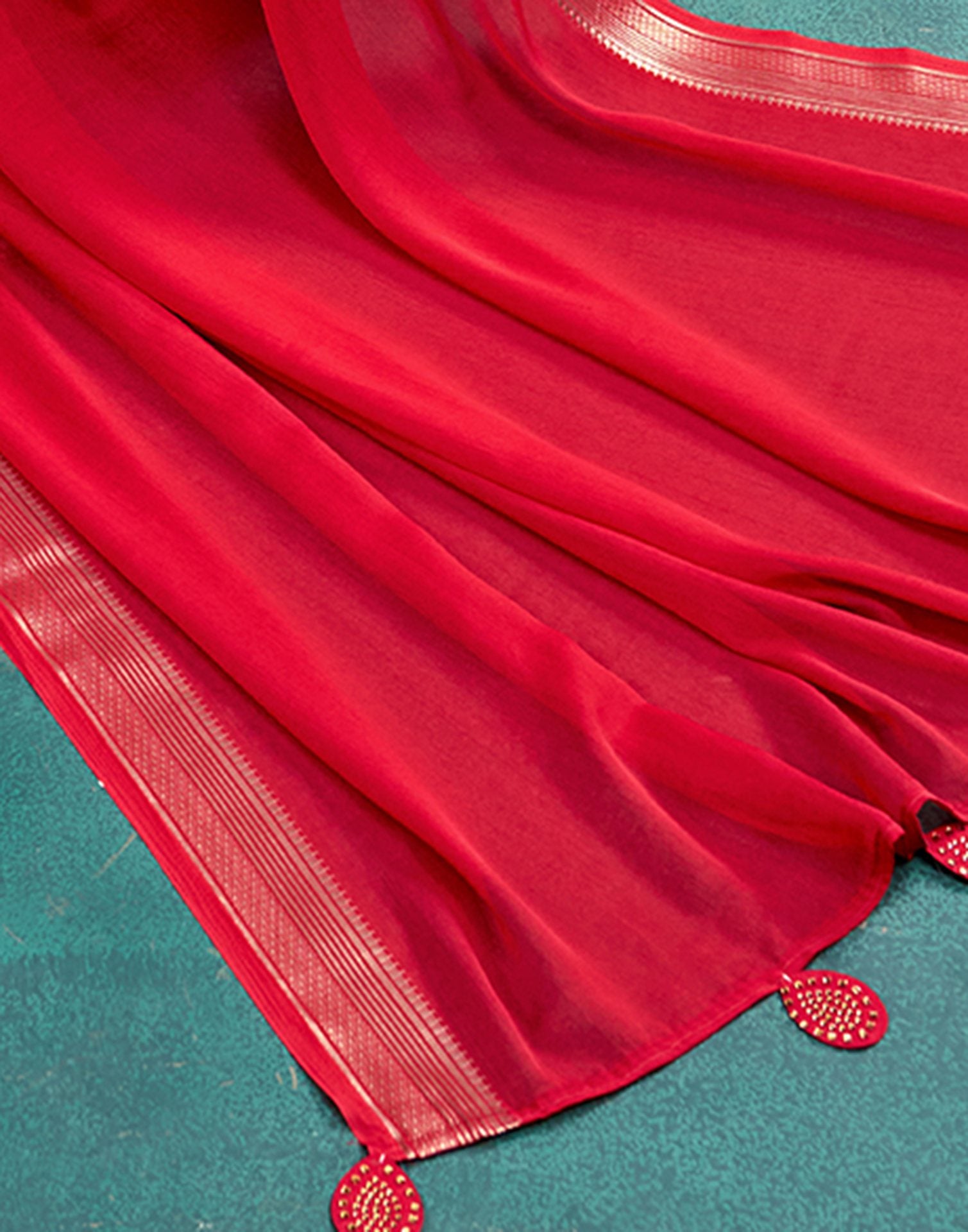 Red Chiffon Woven Border Saree