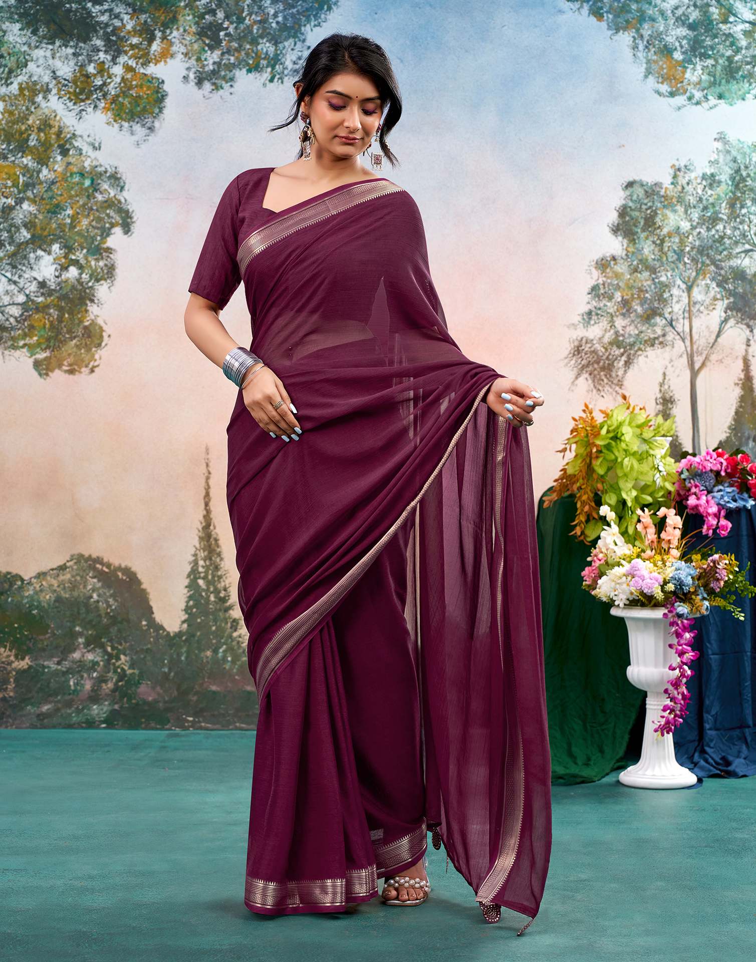 Wine Chiffon Woven Border Saree